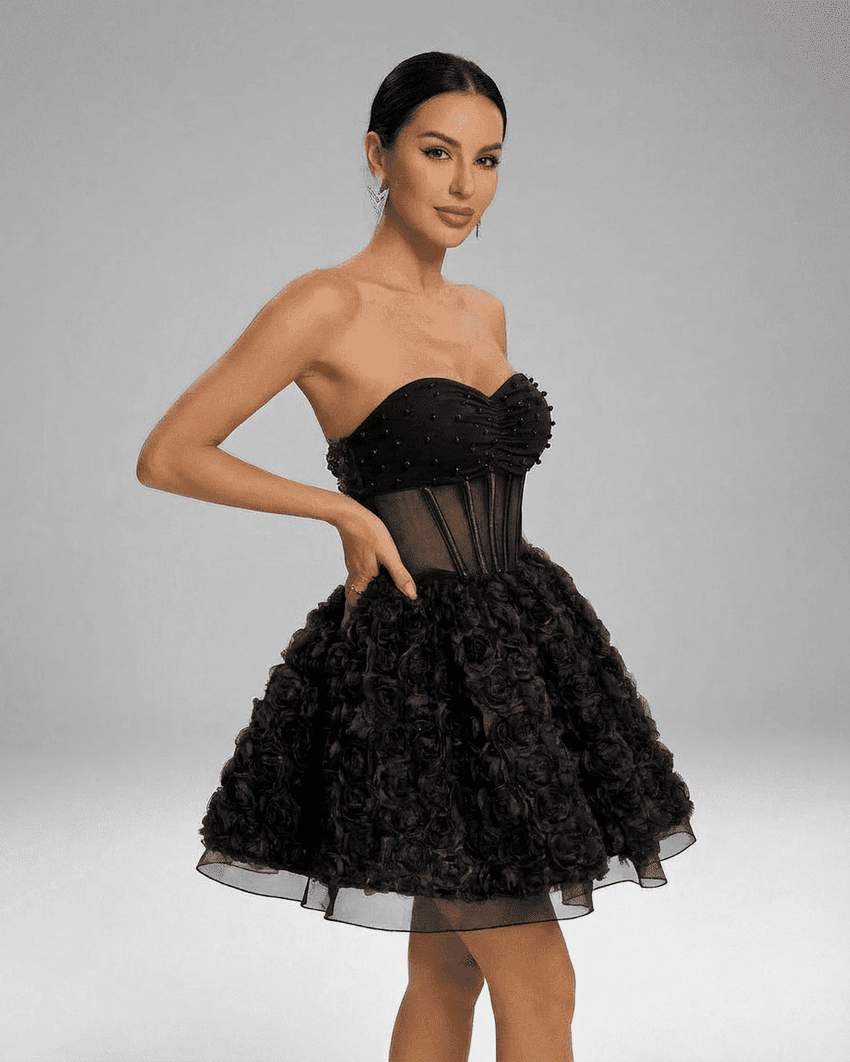 Simone Mini Dress – Black Mesh Strapless mini dress, side view by Slimona