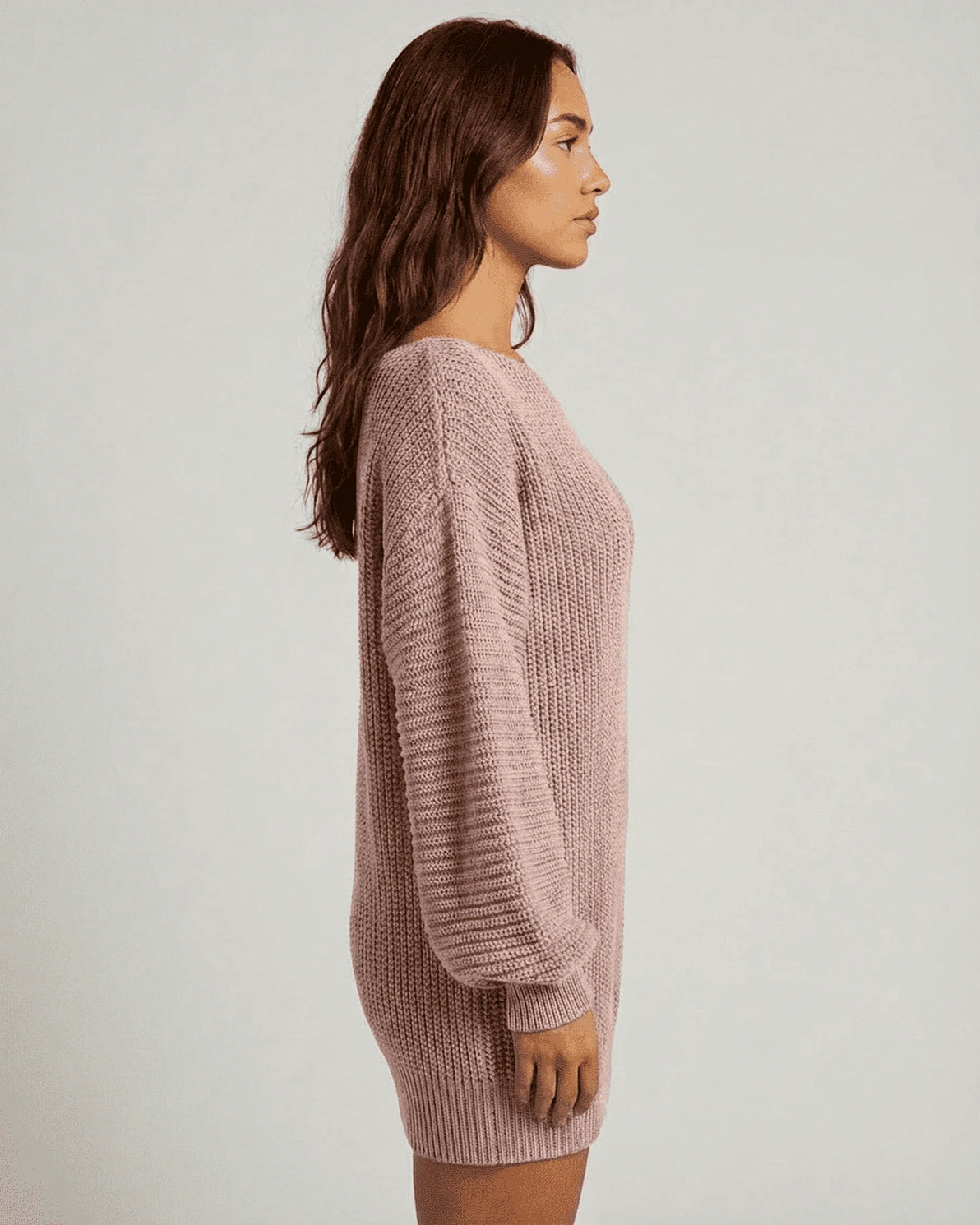 Nova Mini Dress – Pink Ribbed Round Neck mini dress, side view by Slimona