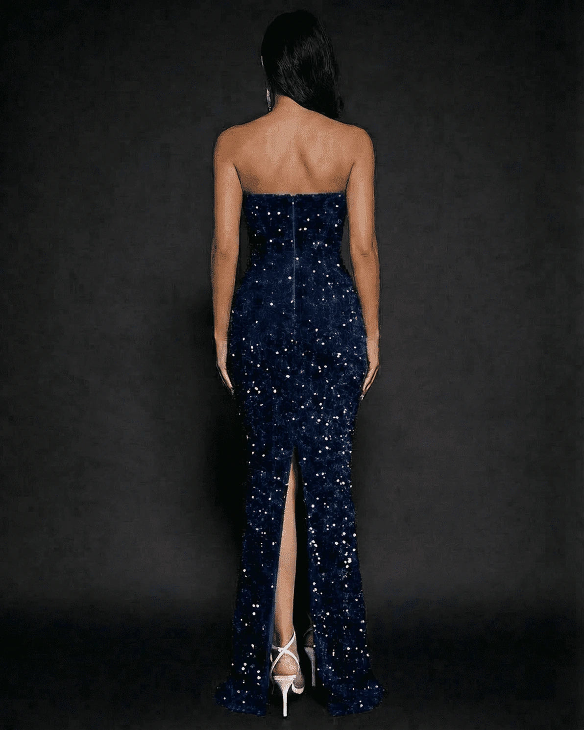 Sapphire Maxi Dress – Sapphire Blue Sequin Strapless maxi dress, side view by Slimona