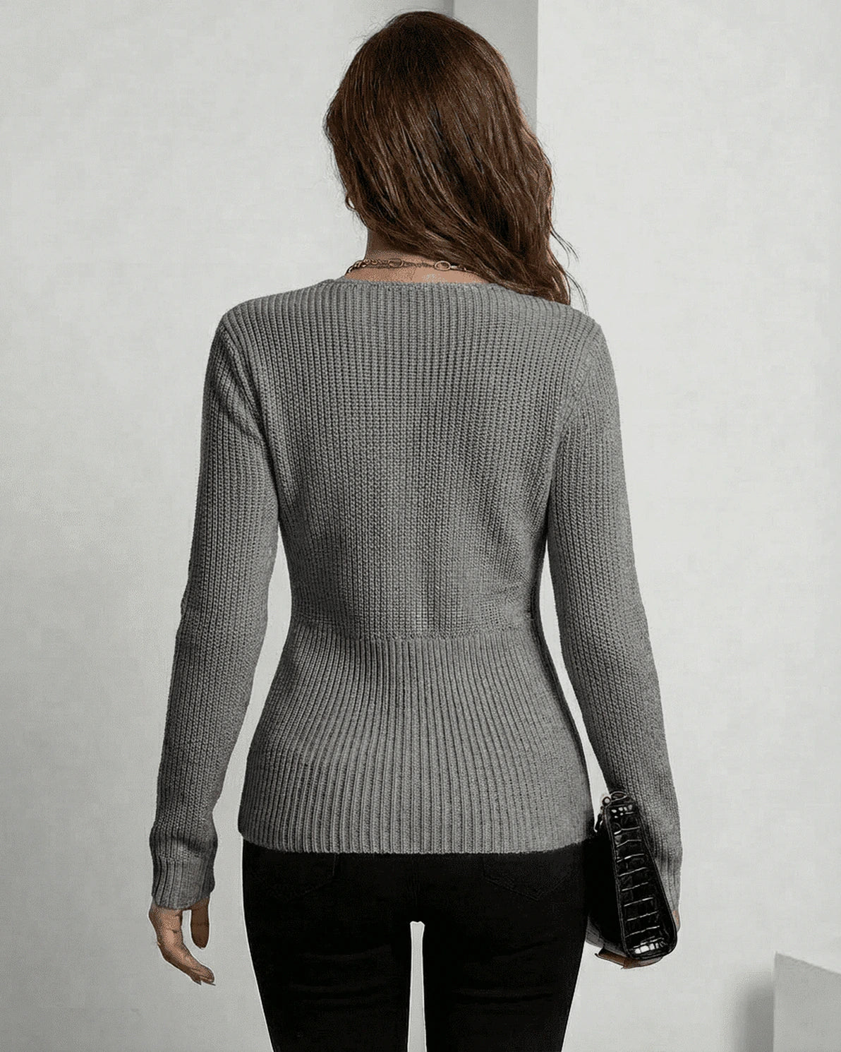 Nerina Pullover – Grey Ribbed pullover, side view by Slimona