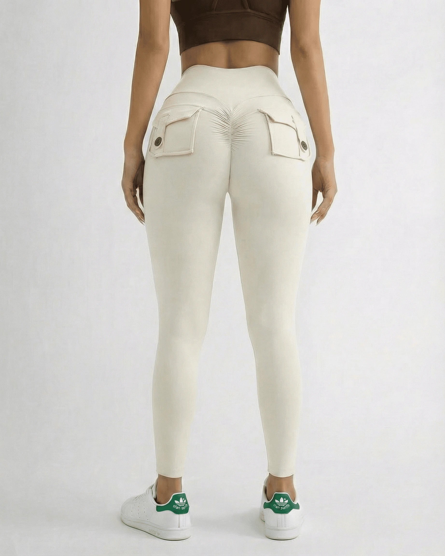 Iris Leggings Cream – Cream leggings, side view by Slimona