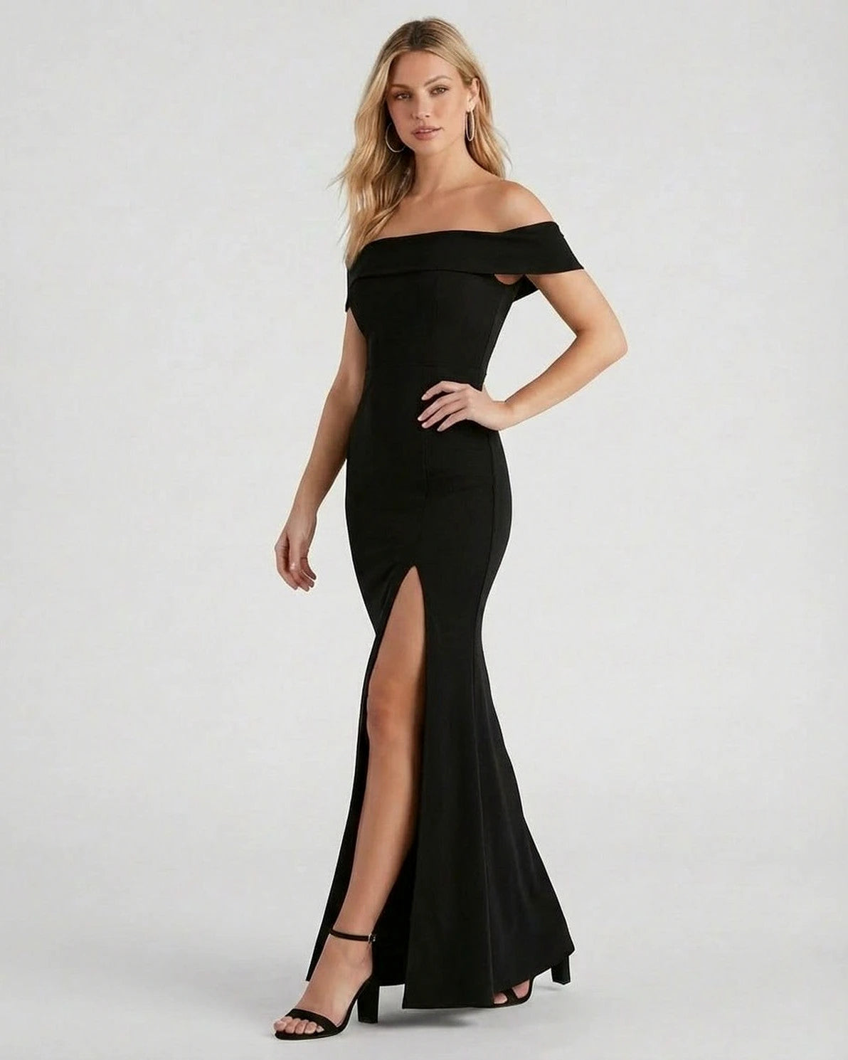 Reykjavik Maxi Dress – Black Off Shoulder maxi dress, side view by Slimona