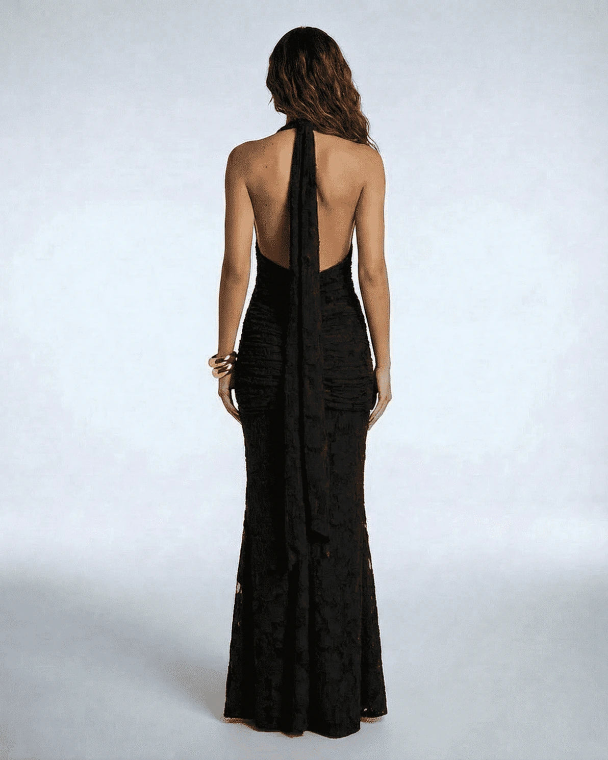 Tamsin Maxi Dress – Black Jacquard V Neck maxi dress, side view by Slimona