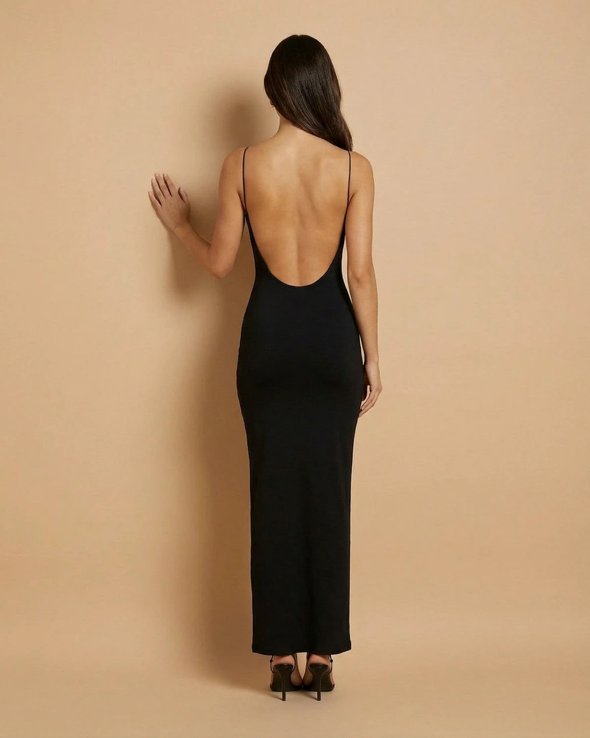 Calypso Maxi Dress – Black Round Neck maxi dress, side view by Slimona