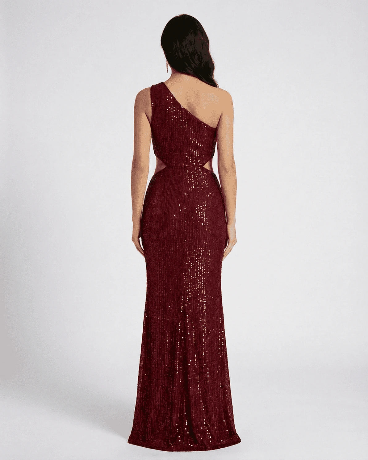 Ember Maxi Dress – Ember Red Sequin One Shoulder maxi dress, side view by Slimona