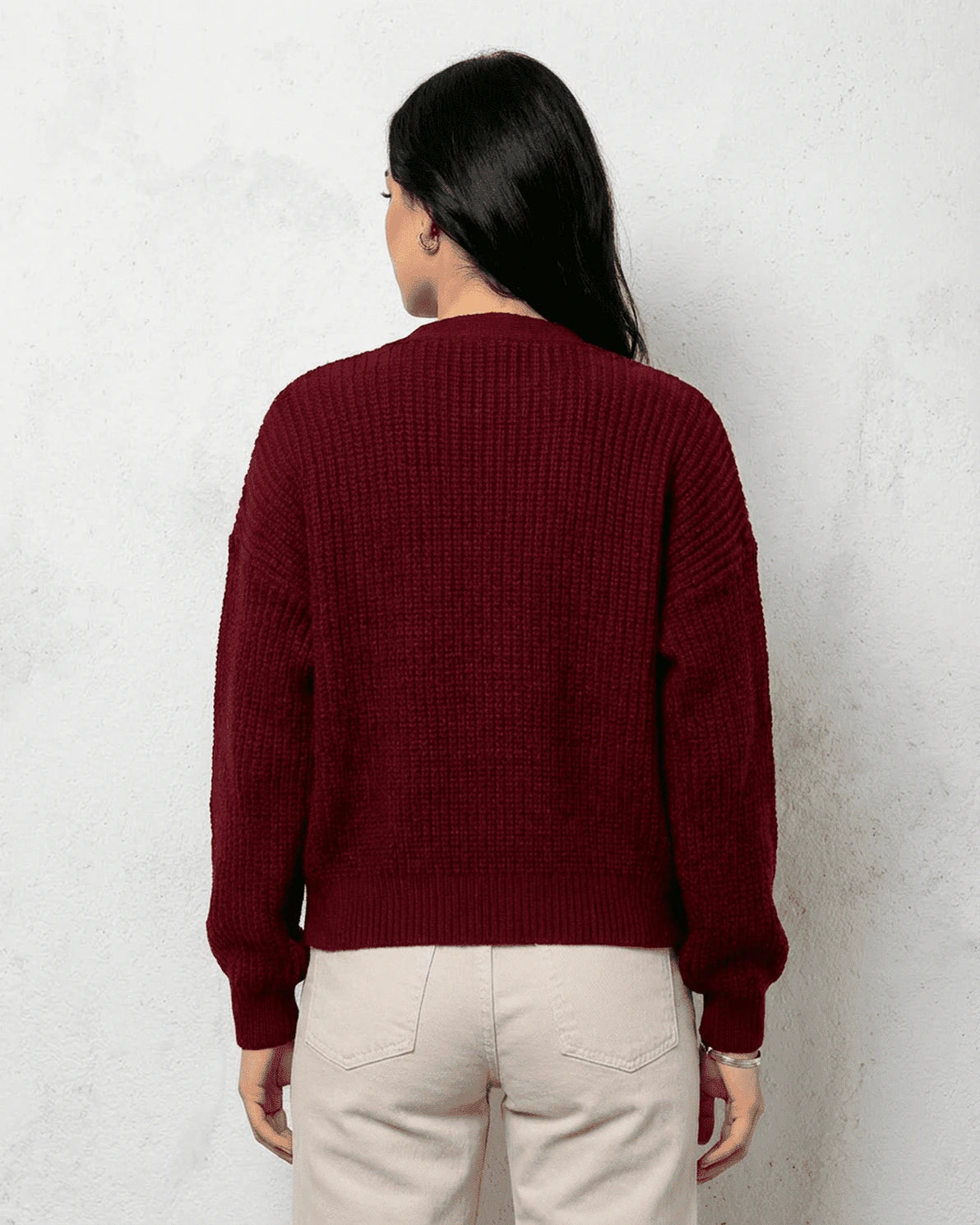Vesper Cardigan – Burgundy Knit cardigan, side view by Slimona
