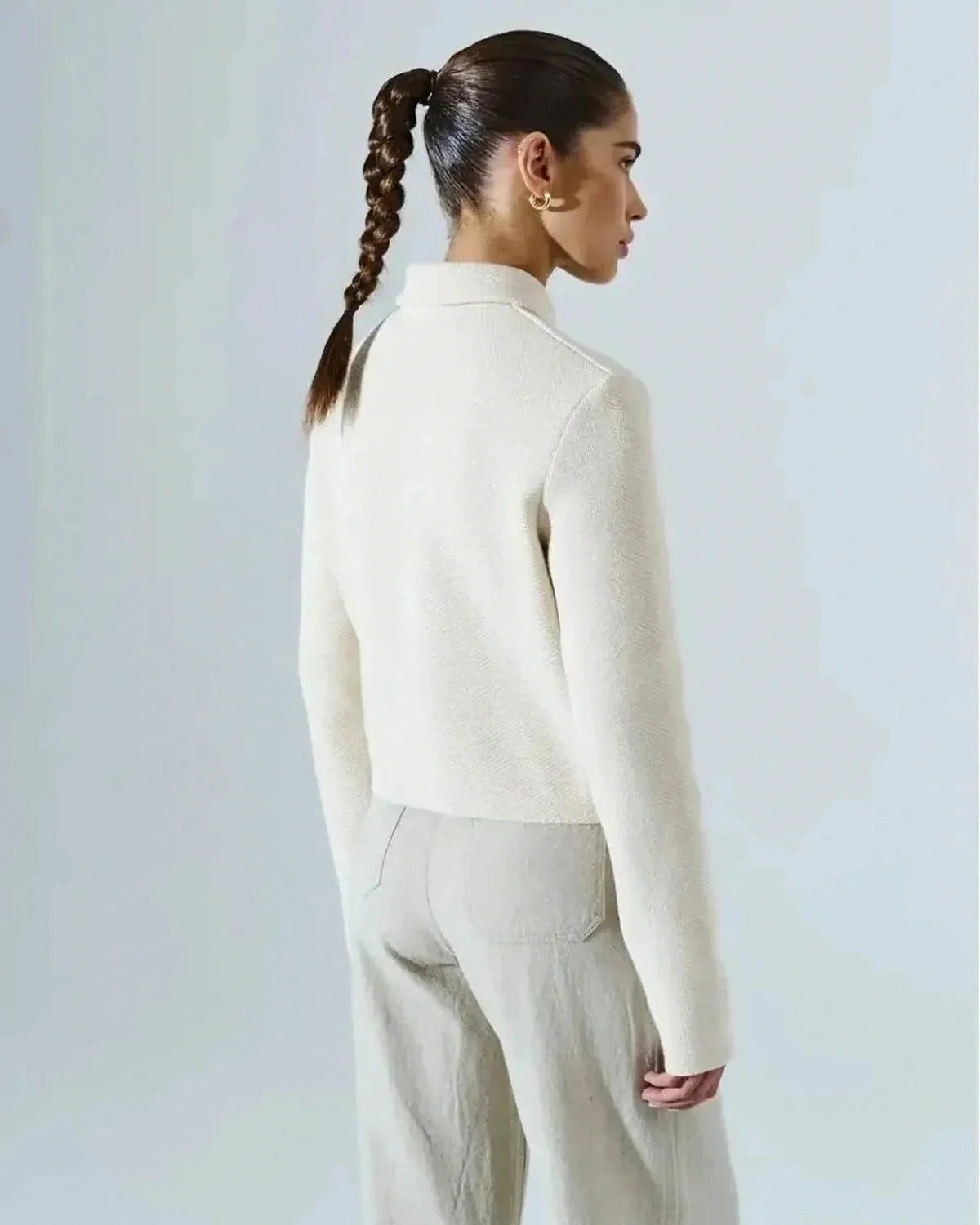 Lazio Cropped Jacket – Cream Cotton jacket, side view by Slimona