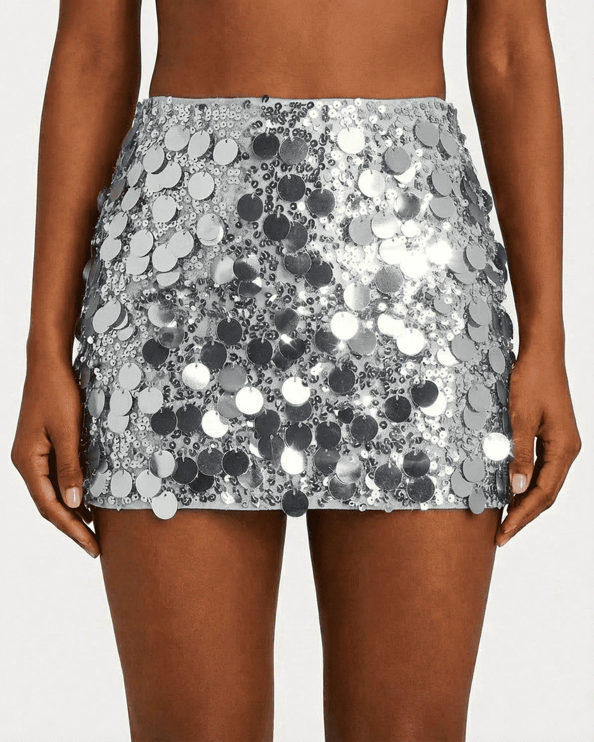 Sterling Mini Skirt – Silver Sequin mini skirt, side view by Slimona