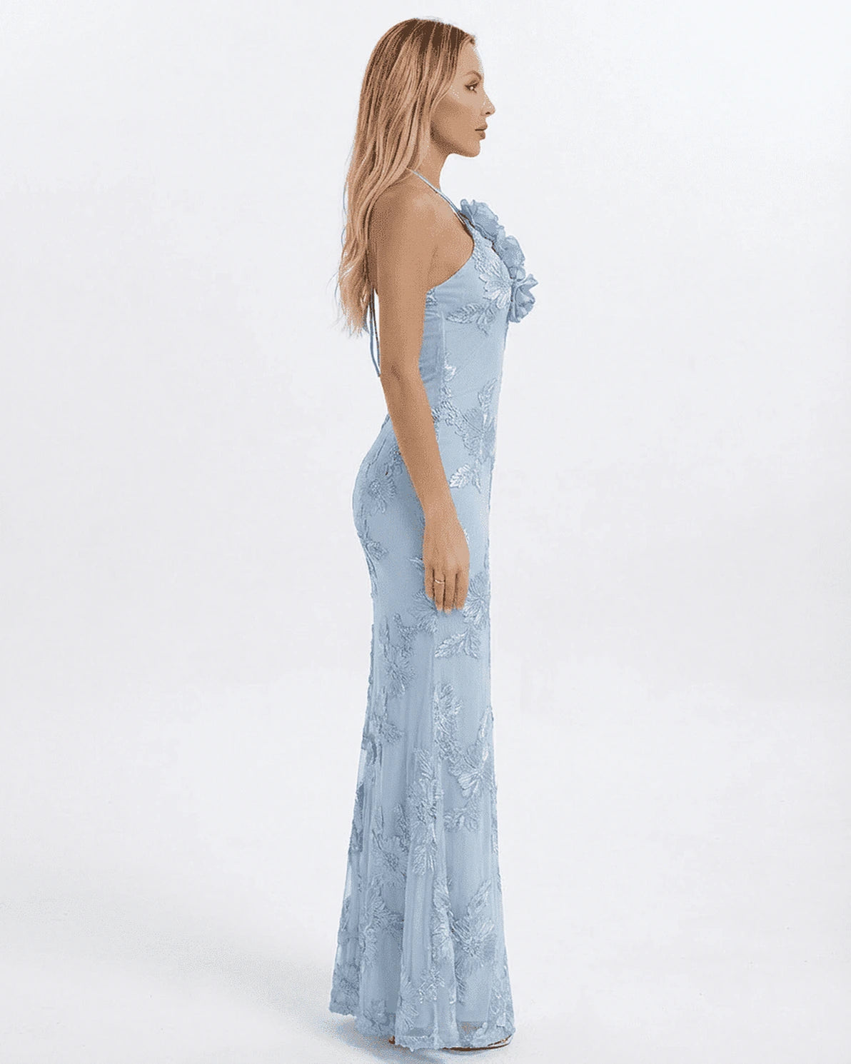 Serena Maxi Dress – Blue Halter maxi dress, side view by Slimona