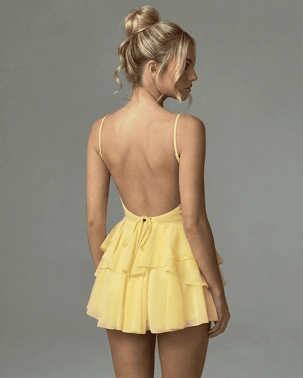 Marigold Mini Dress – Yellow V Neck mini dress, side view by Slimona