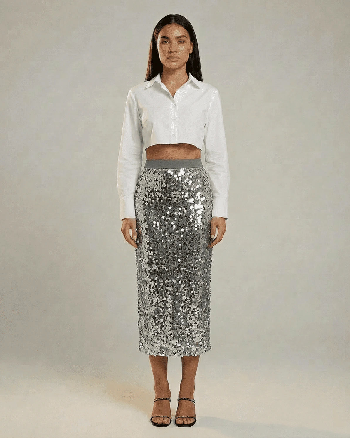 Silvara Midi Skirt – Grey Sequin midi skirt, back view by Slimona