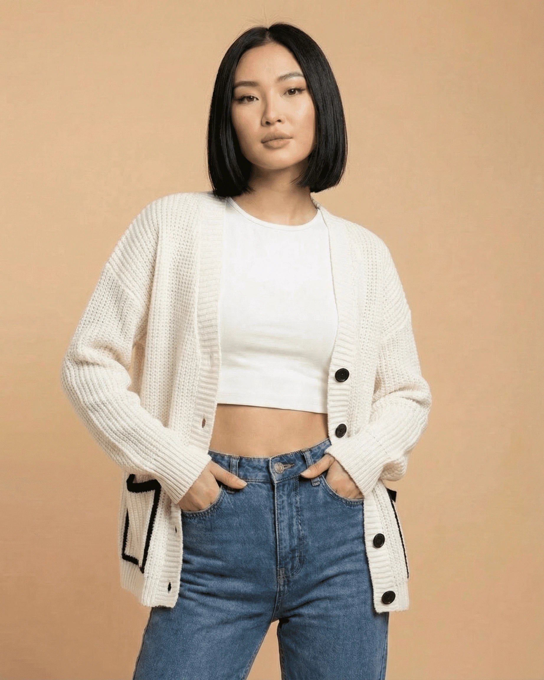 November Cardigan – Ember Red Cotton cardigan, back view by Slimona