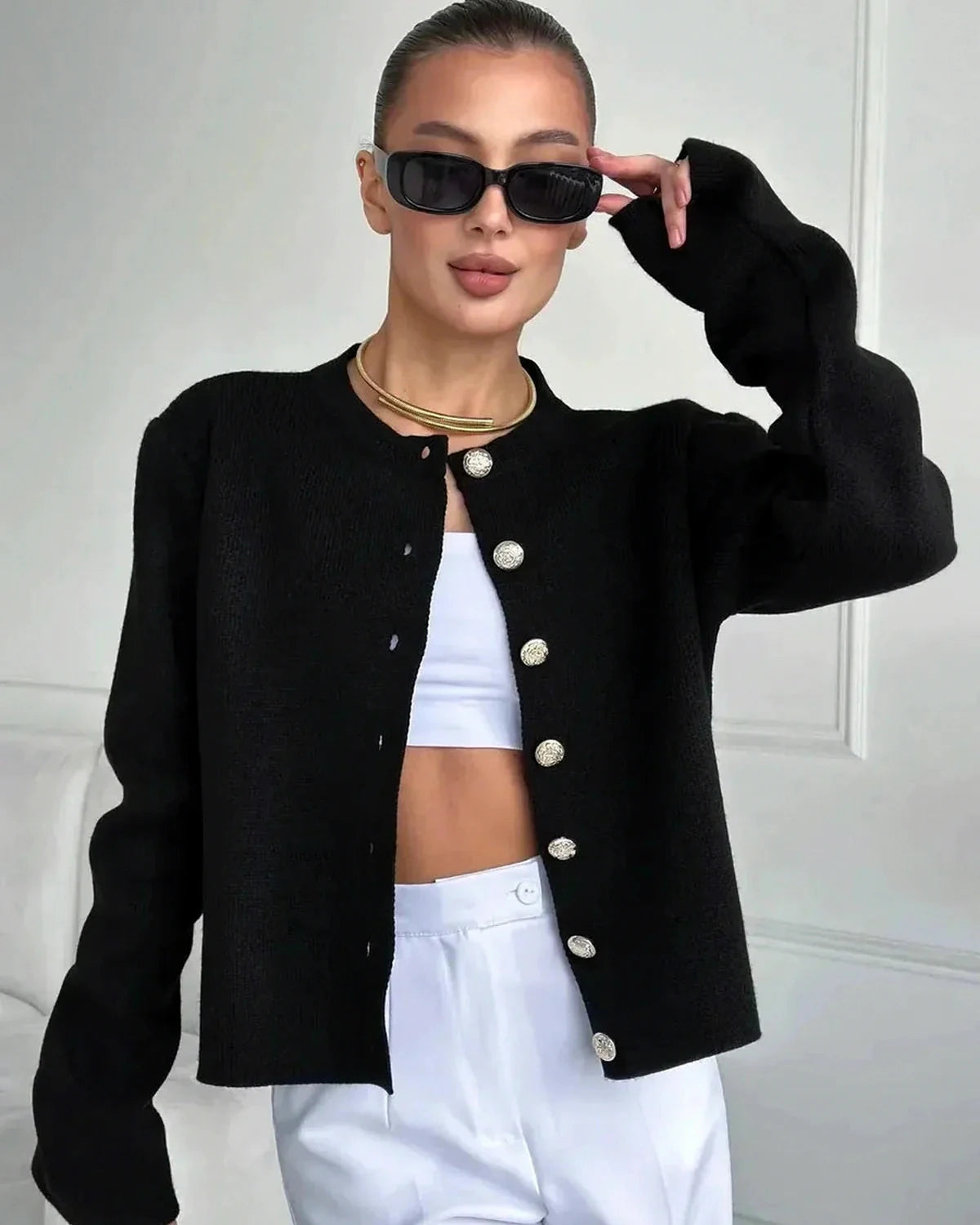 Noir Cardigan – Black Knit cardigan, back view by Slimona