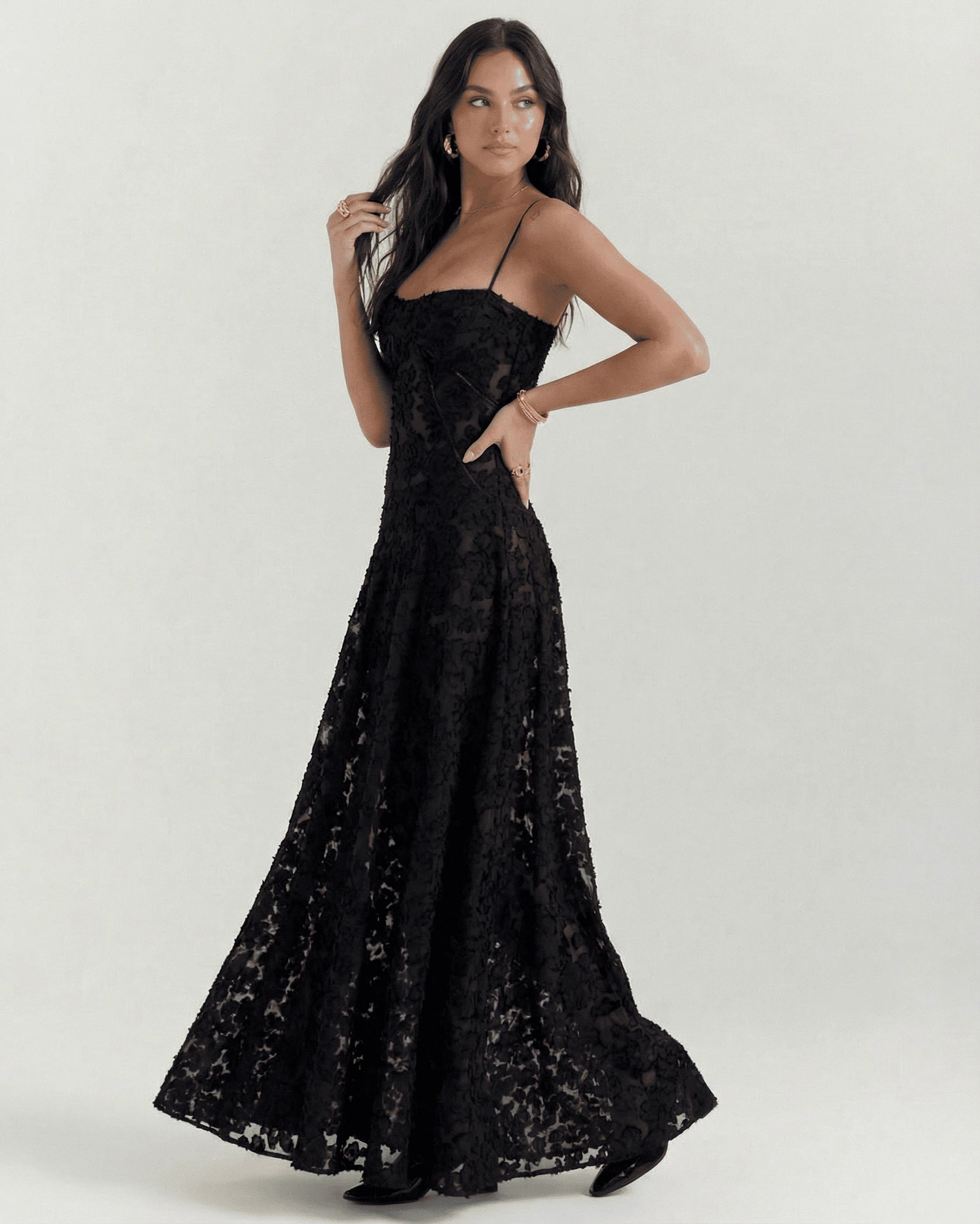 Nerina Maxi Dress – Black Lace V Neck maxi dress, back view by Slimona