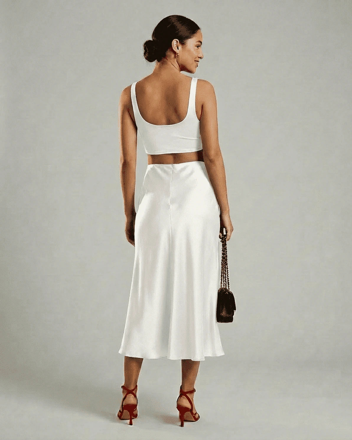 Luna Midi Skirt – White Satin midi skirt, back view by Slimona