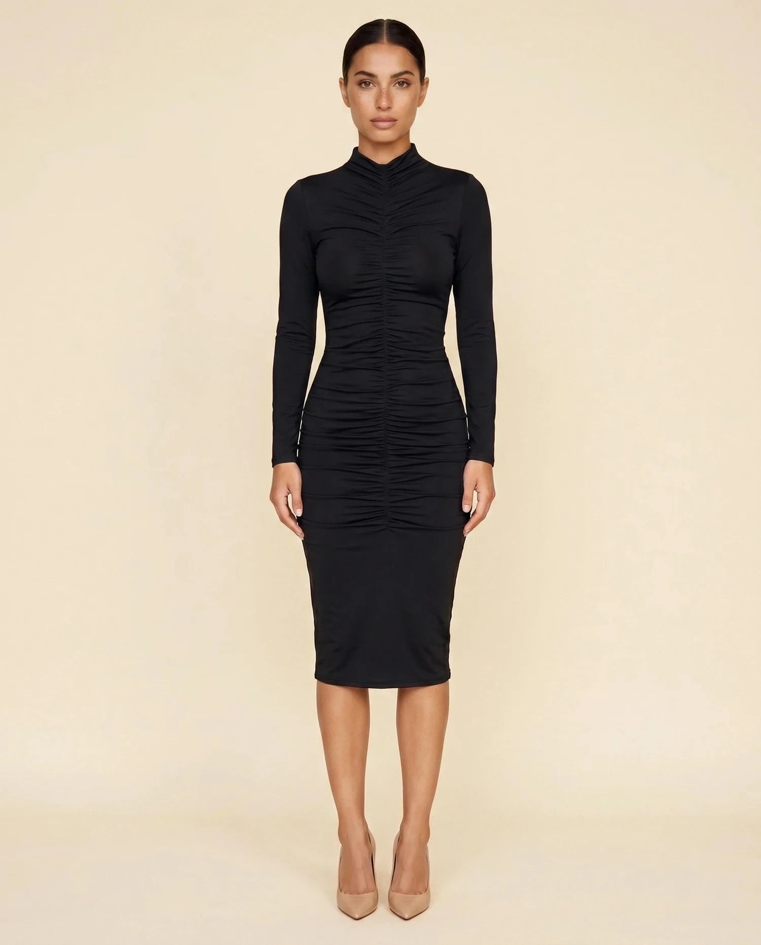 Velouré Midi Dress – Black Mock Neck midi dress, clean front view full body by Slimona