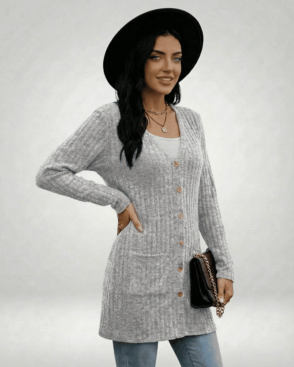 Luna Cardigan – Gray Cotton cardigan, back view by Slimona