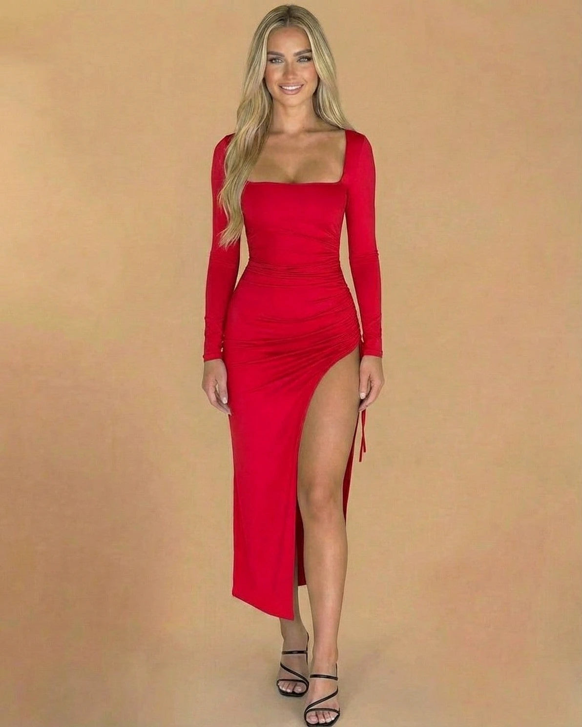 Ravenna Midi Dress – Red Square Neck midi dress, back view by Slimona