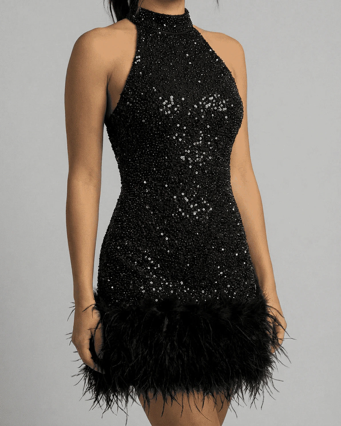 Lusitania Mini Dress – Black Sequin Halter mini dress, back view by Slimona