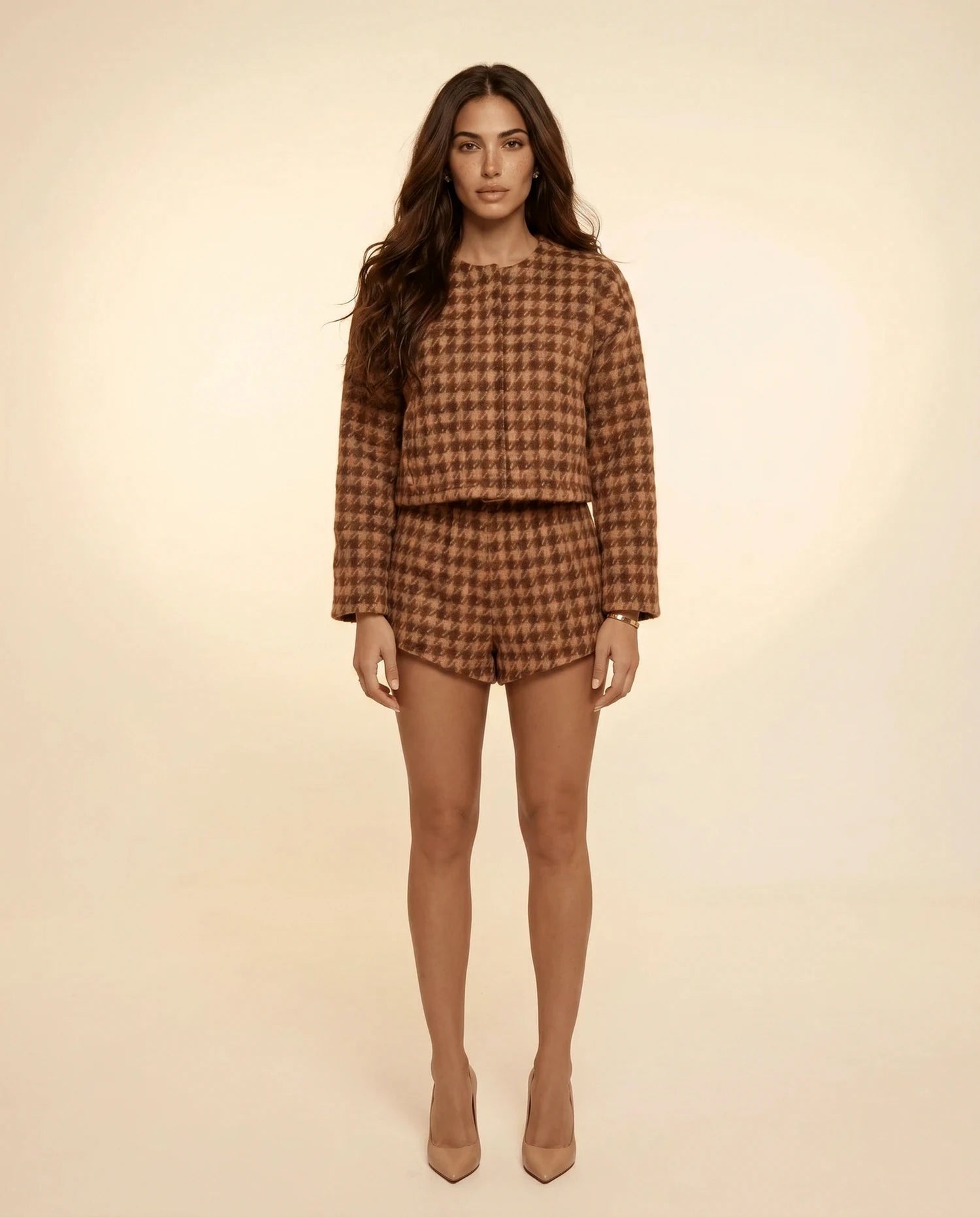 Verona Set – Black Houndstooth Round Neck two piece set, clean front view full body by Slimona