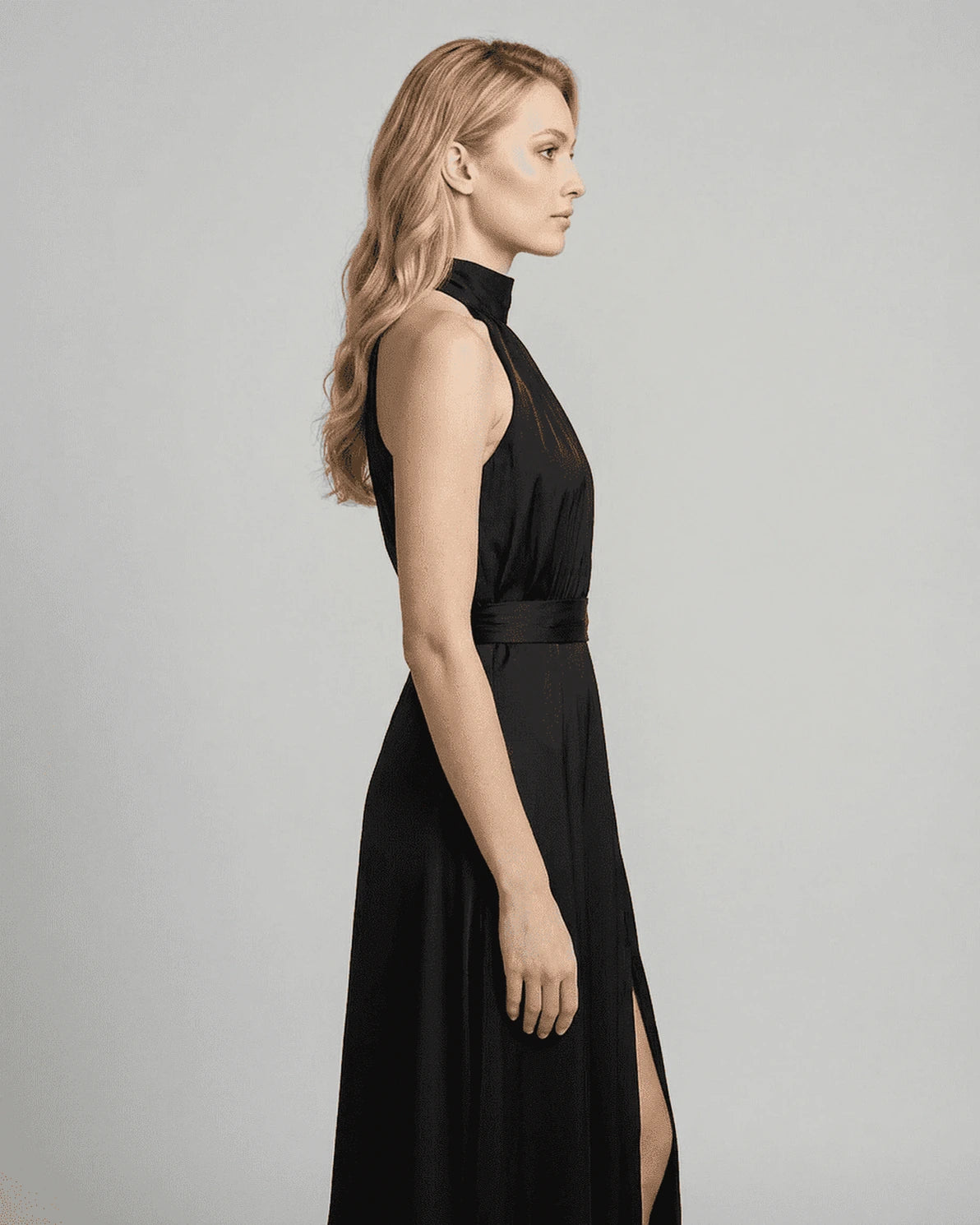 Noctis Maxi Dress – Black Turtleneck maxi dress, back view by Slimona
