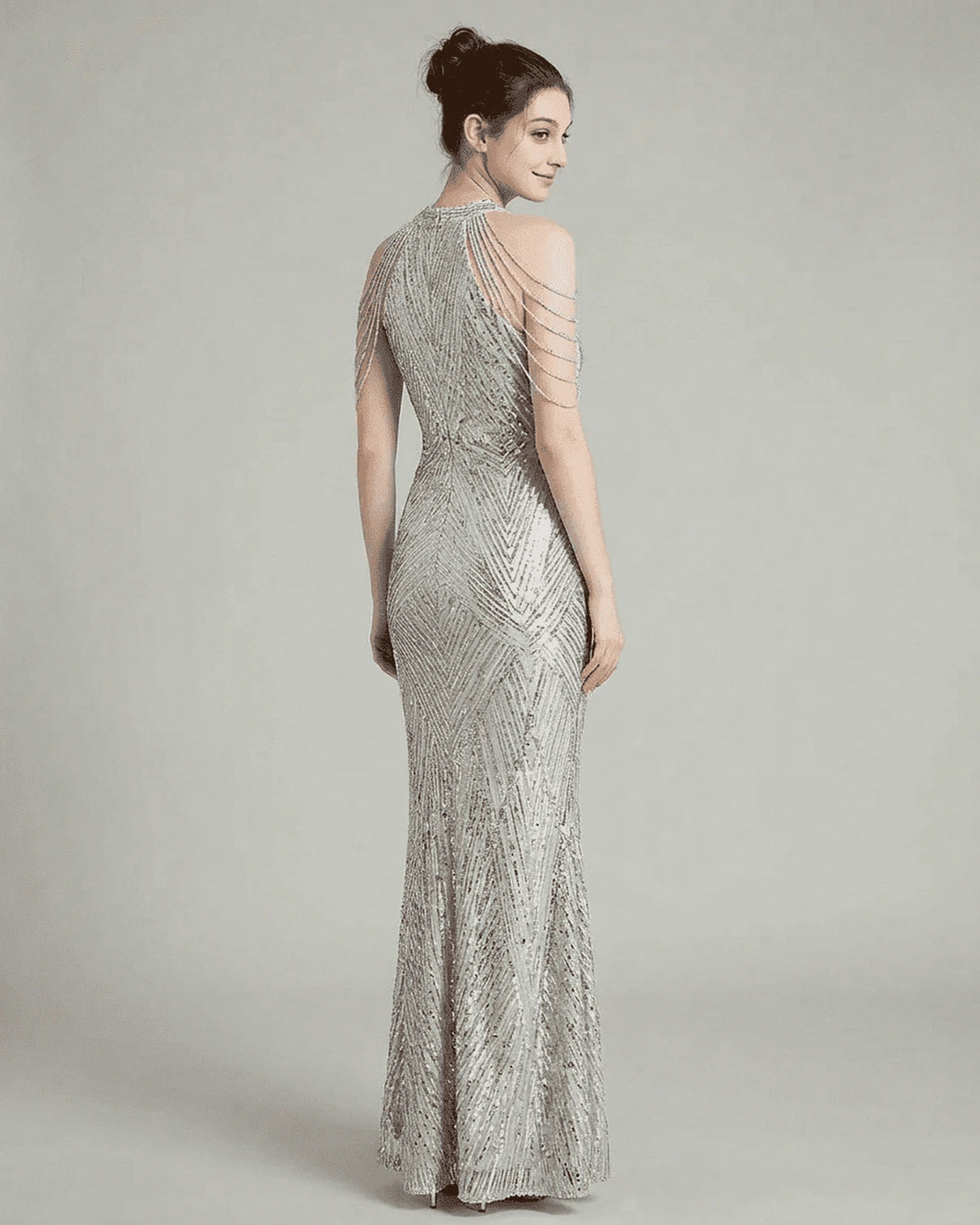 Luxe Maxi Dress – Silver Velvet Halter maxi dress, back view by Slimona