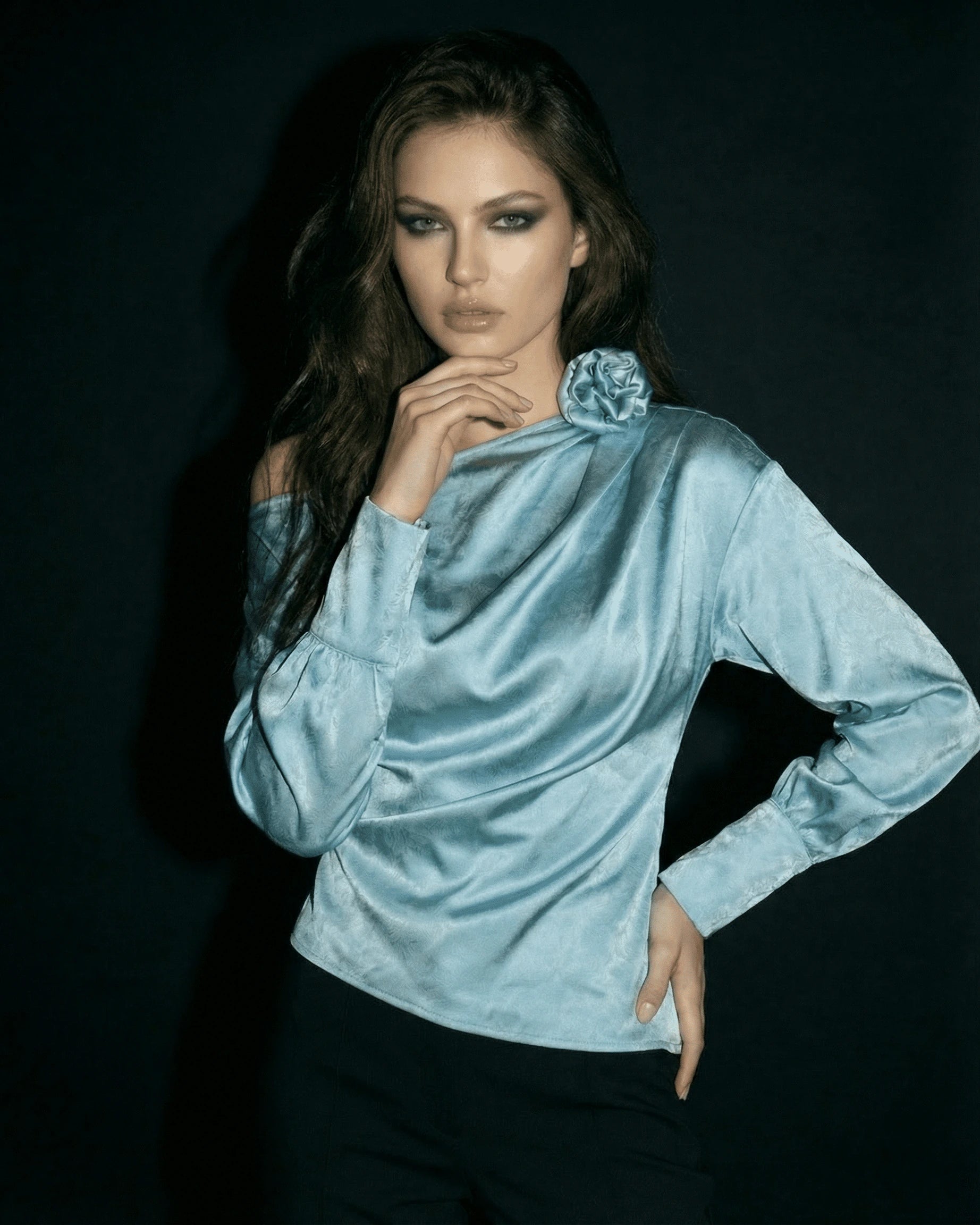 Iberia Blouse – Terracotta Satin Round Neck blouse, back view by Slimona