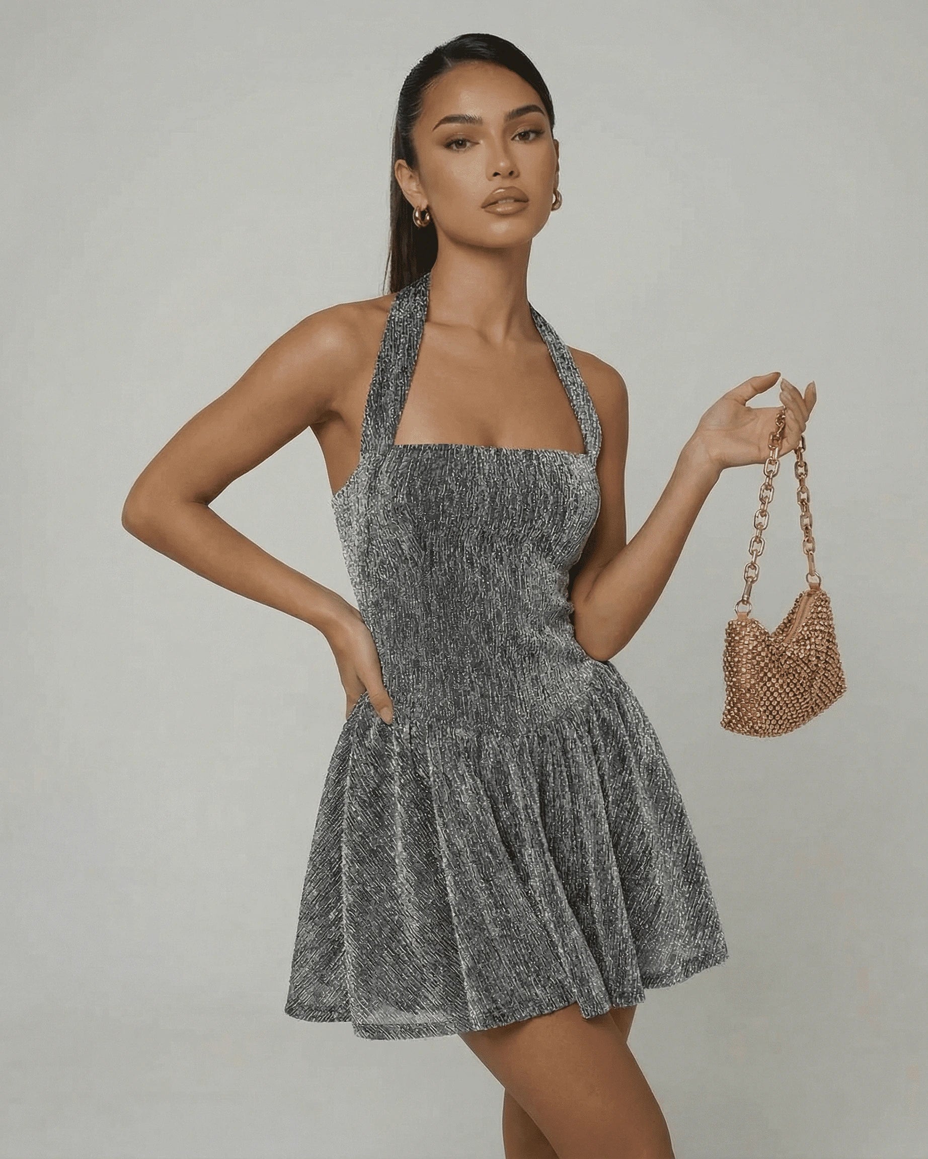 Milan Mini Dress – Silver Sequin Halter mini dress, back view by Slimona