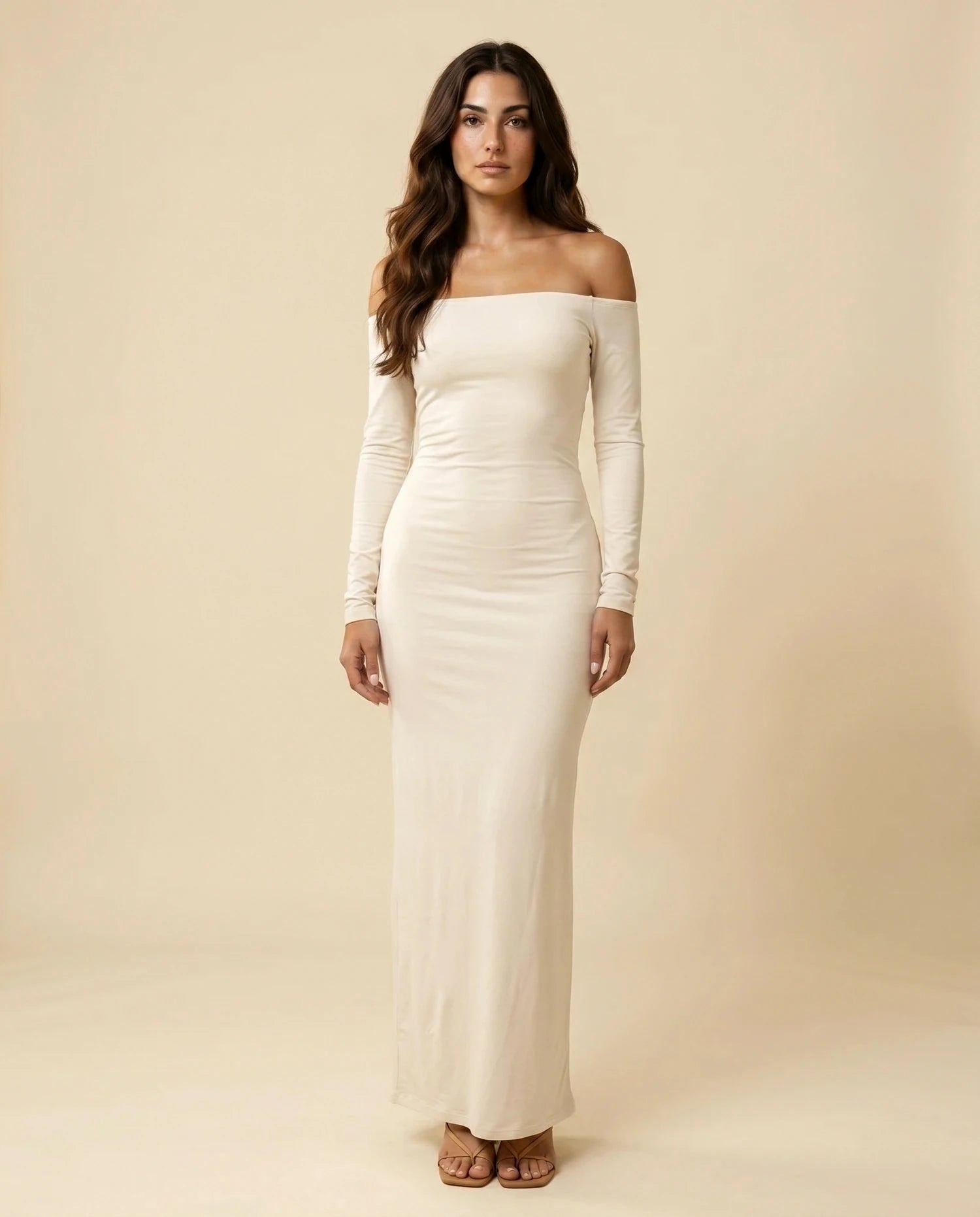 Ivory Maxi Dress – Ivory Off Shoulder maxi dress, clean front view full body by Slimona