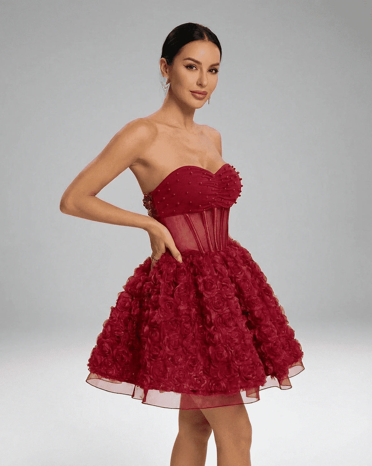 Talia Mini Dress – Red Mesh Strapless mini dress, back view by Slimona