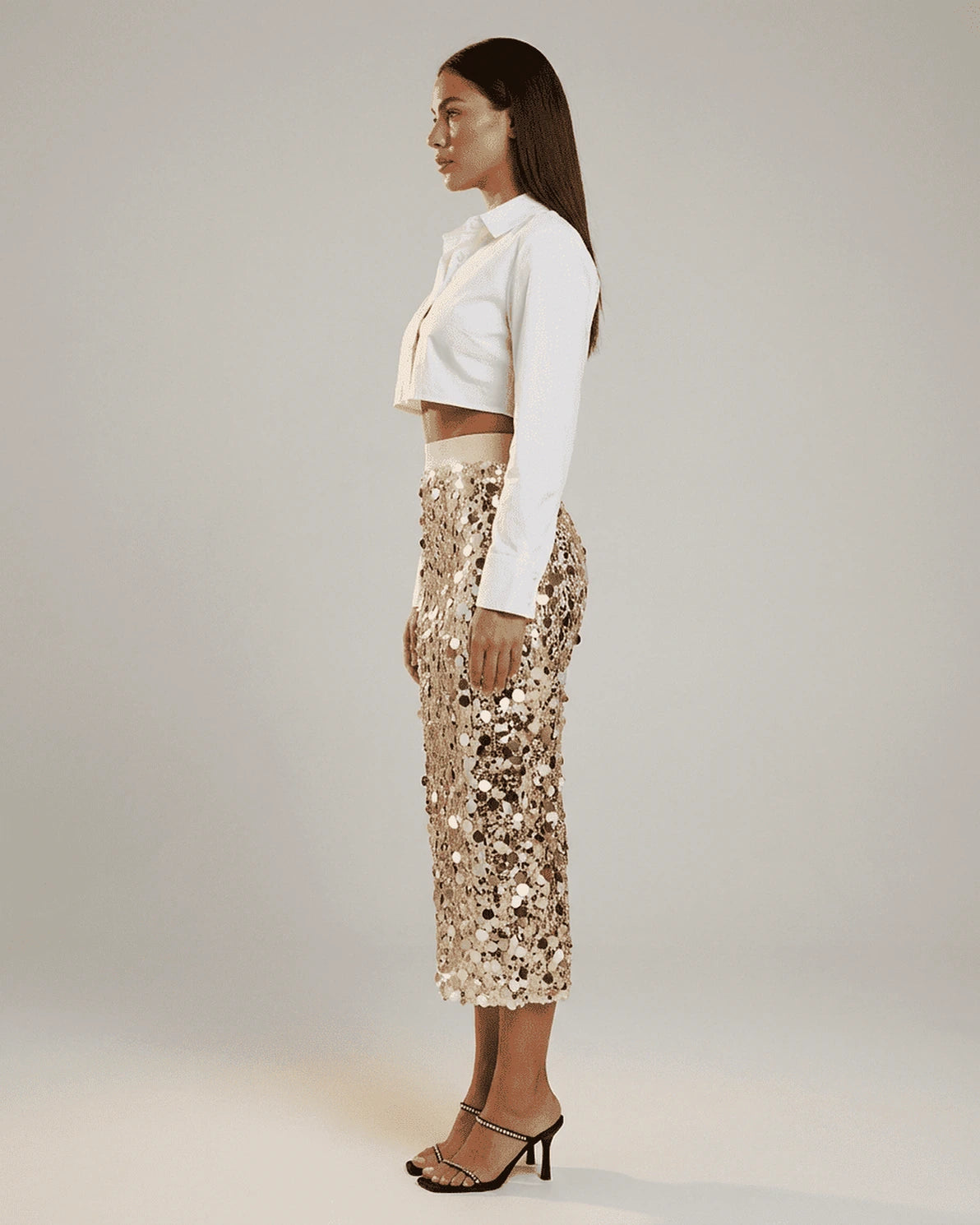 Aureline Midi Skirt – Red Sequin midi skirt, back view by Slimona