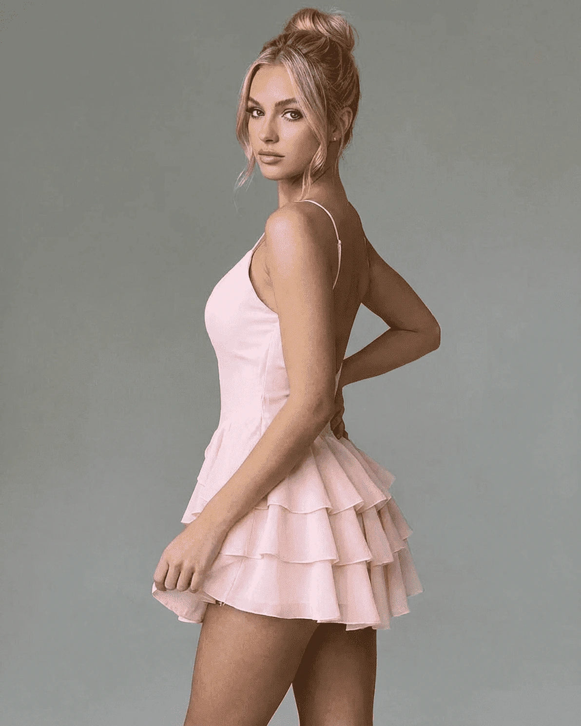 Isolde Mini Dress – Red V Neck mini dress, back view by Slimona