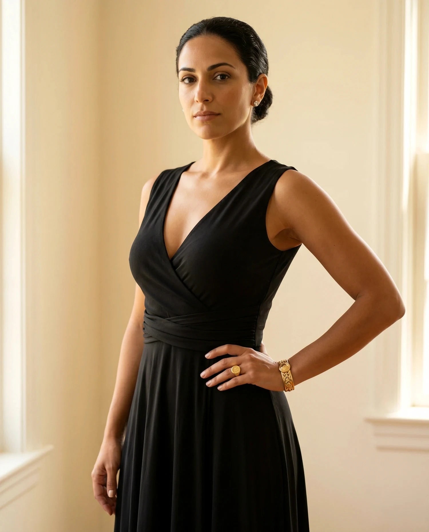 Lotus Maxi Dress – Black V Neck maxi dress, bodice and waist detail by Slimona