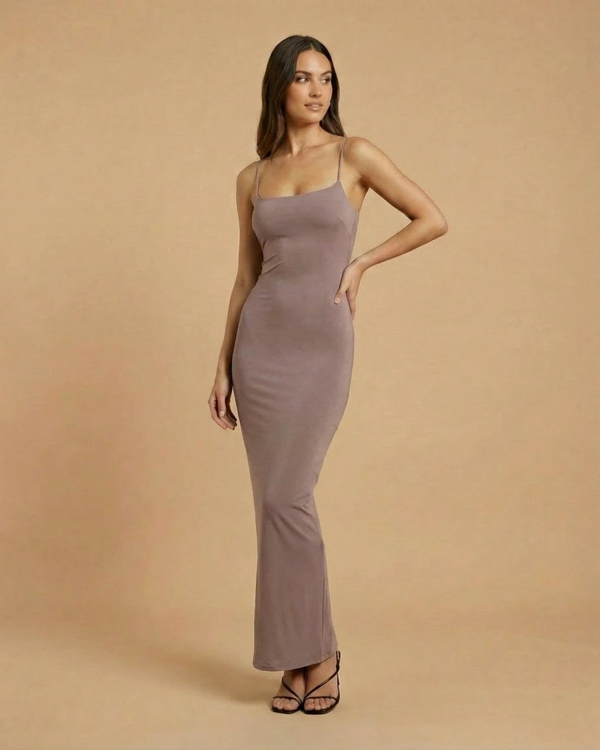 Sahara Maxi Dress – Sand Beige Round Neck maxi dress, detail view by Slimona