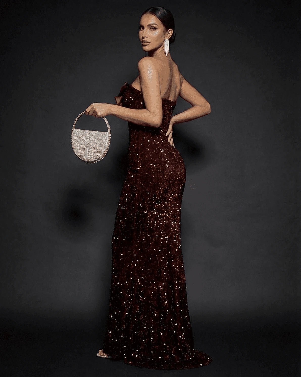 Marquise Maxi Dress – Champagne Sequin Strapless maxi dress, detail view by Slimona