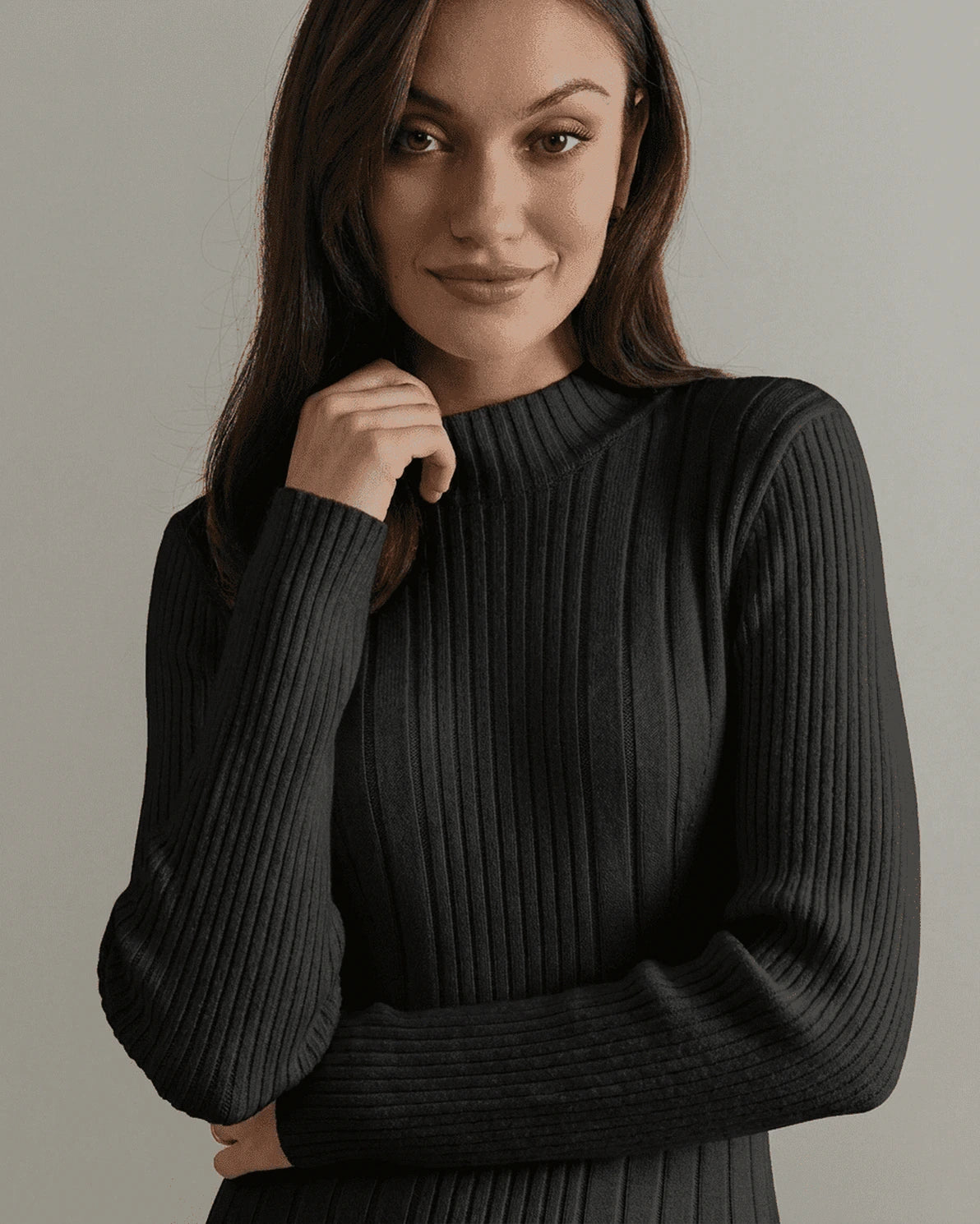 Milano Mini Dress – Black Ribbed Turtleneck mini dress, detail view by Slimona