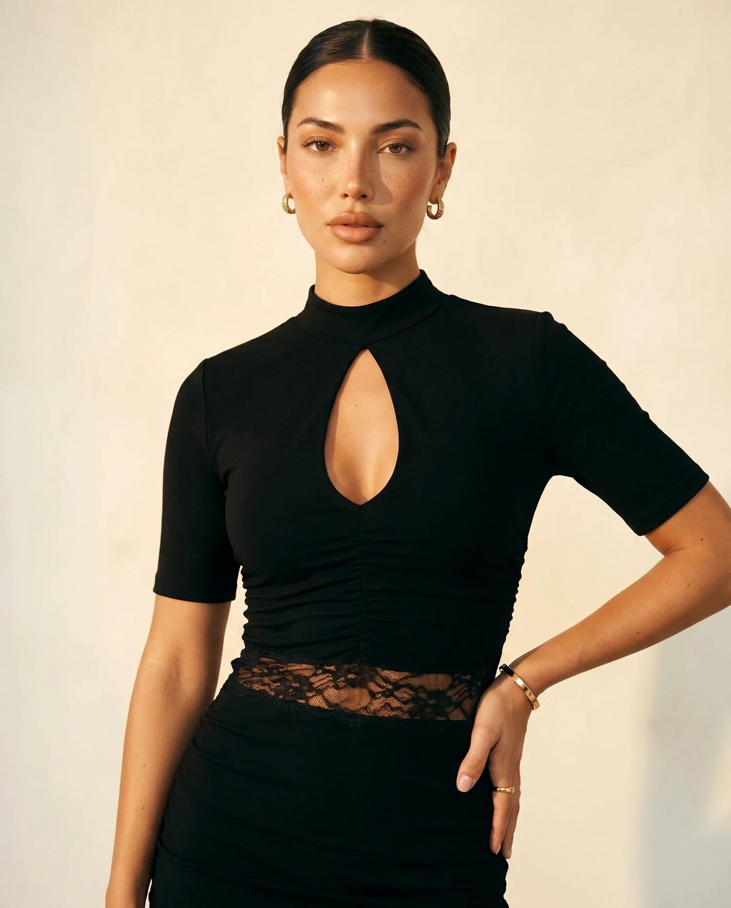 Noirelle Mini Dress – Black Lace Round Neck mini dress, bodice and waist detail by Slimona