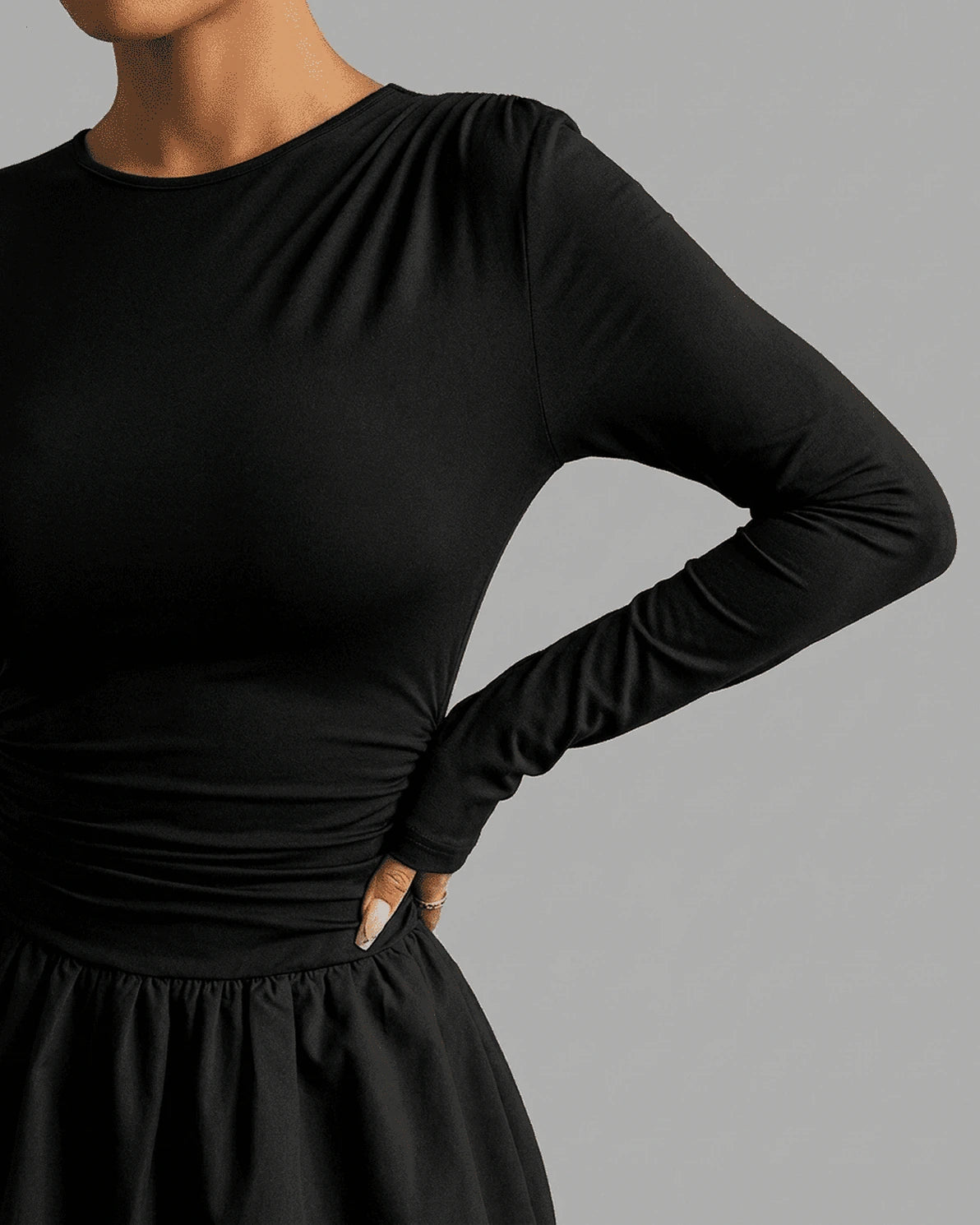 Elara Mini Dress – Red Round Neck mini dress, detail view by Slimona