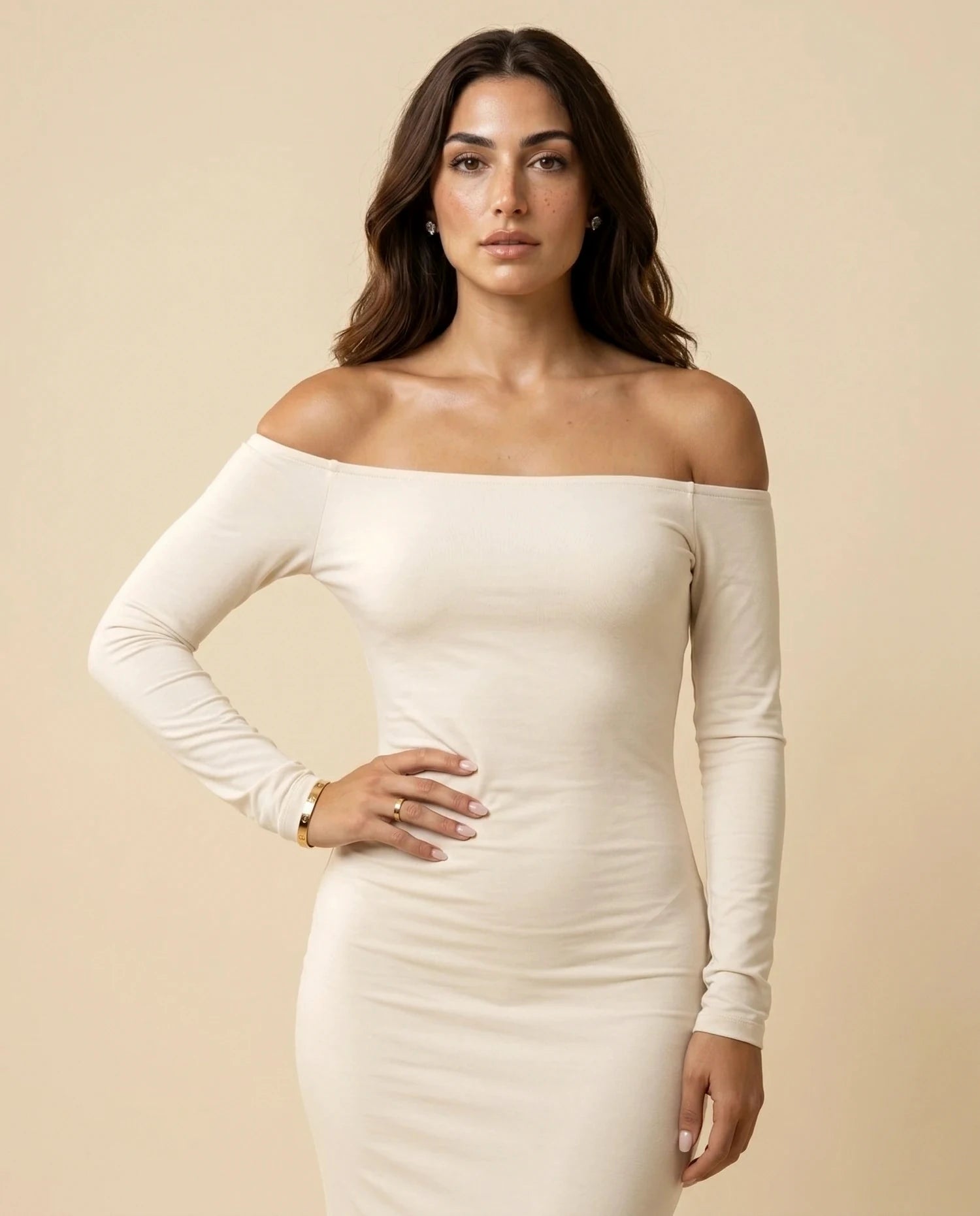 Ivory Maxi Dress – Ivory Off Shoulder maxi dress, bodice and waist detail by Slimona