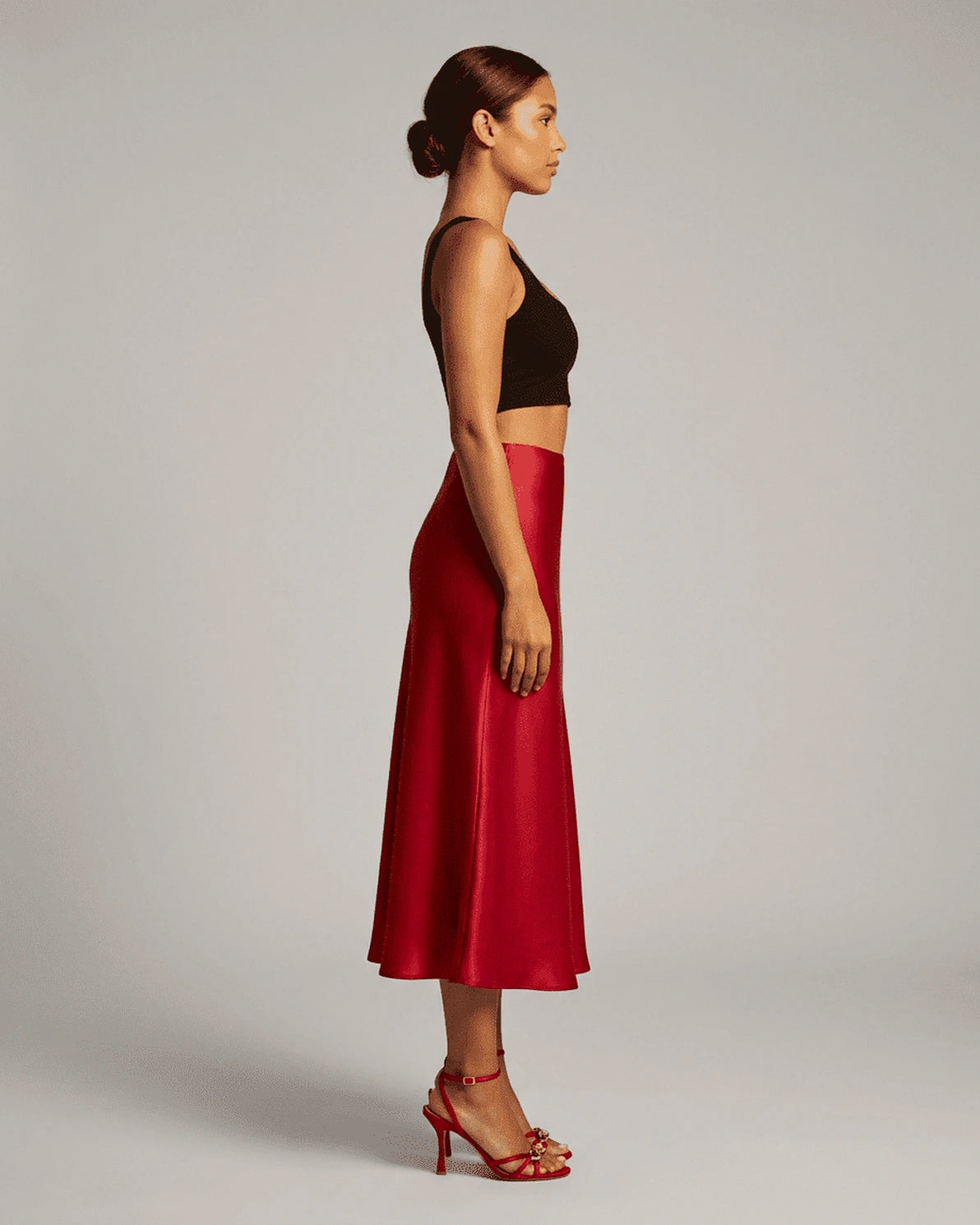 Rosalia Midi Skirt – Red Satin midi skirt, detail view by Slimona