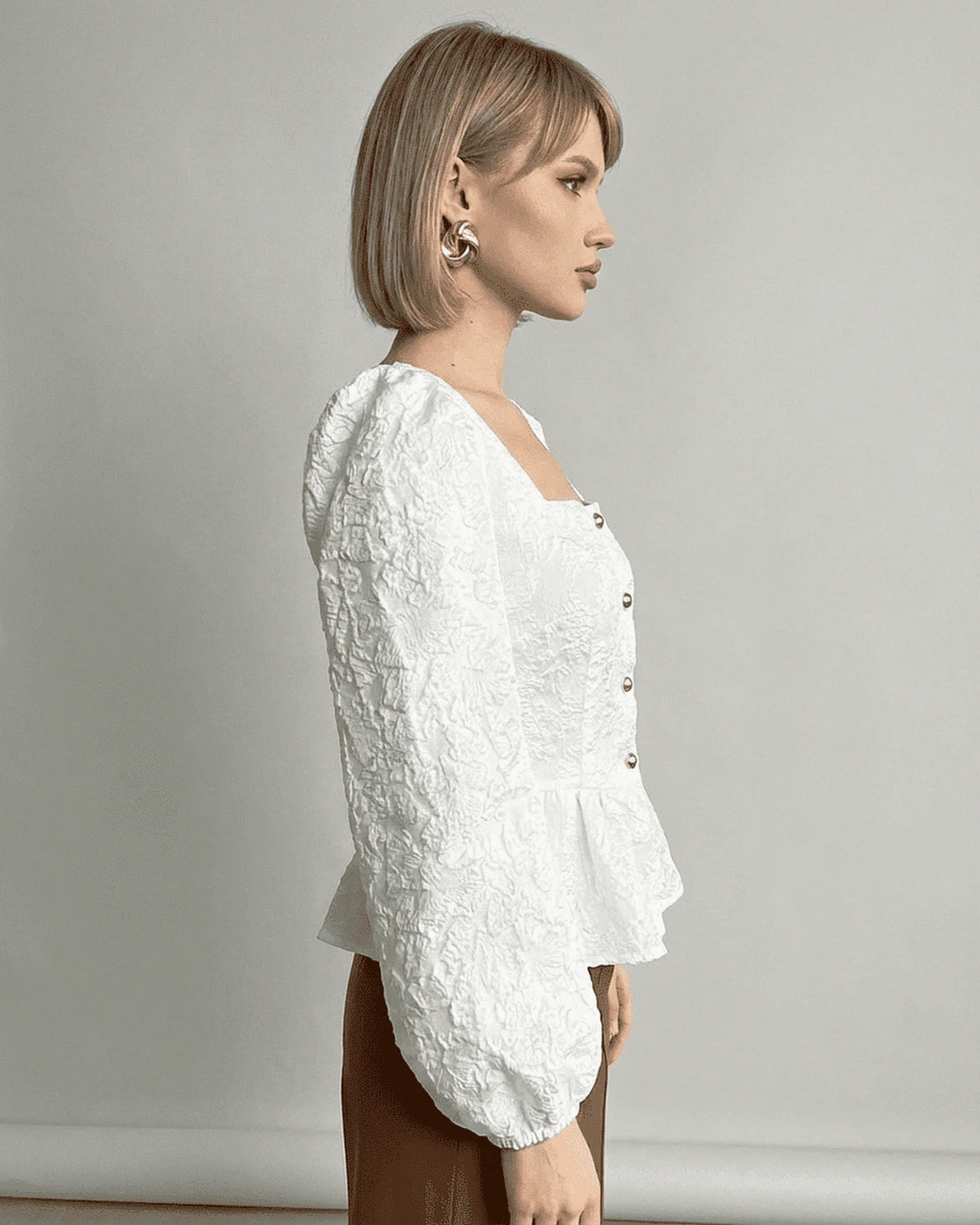 Ivory Corset Top – White Jacquard Square Neck blouse, detail view by Slimona