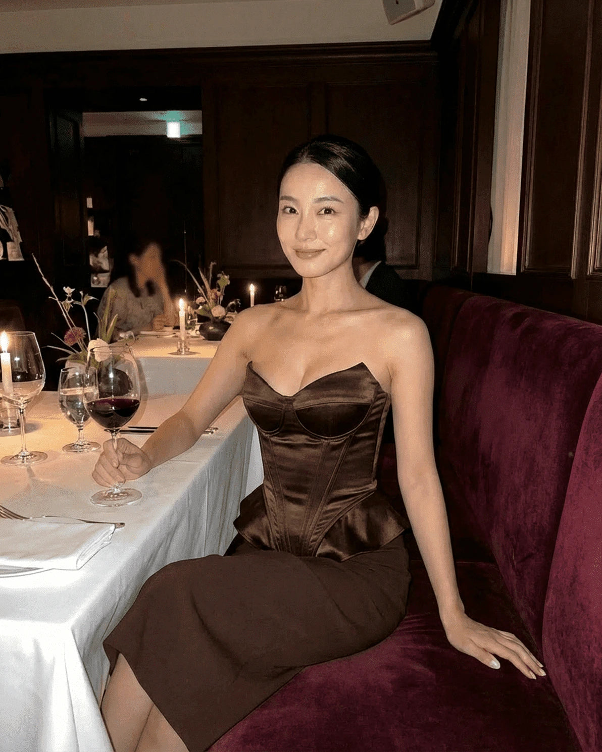 Sienna Corset Top – Brown Satin Strapless corset top, detail view by Slimona