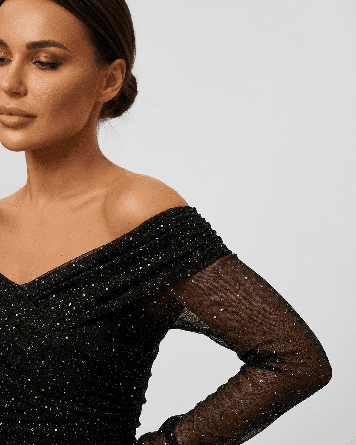 Noir Maxi Dress – Black Sequin maxi dress, detail view by Slimona