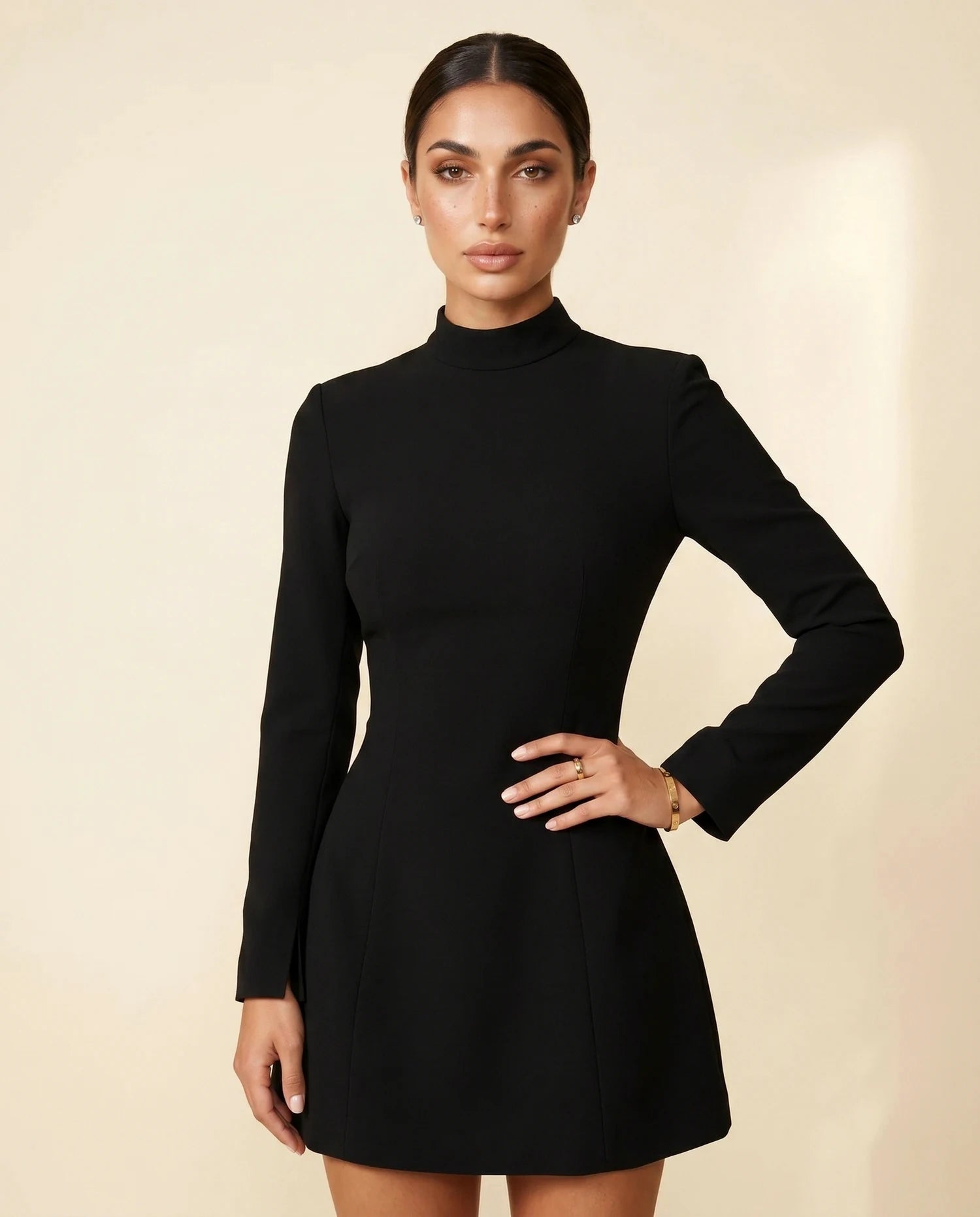 Tess Mini Dress – Black High Neck mini dress, bodice and waist detail by Slimona