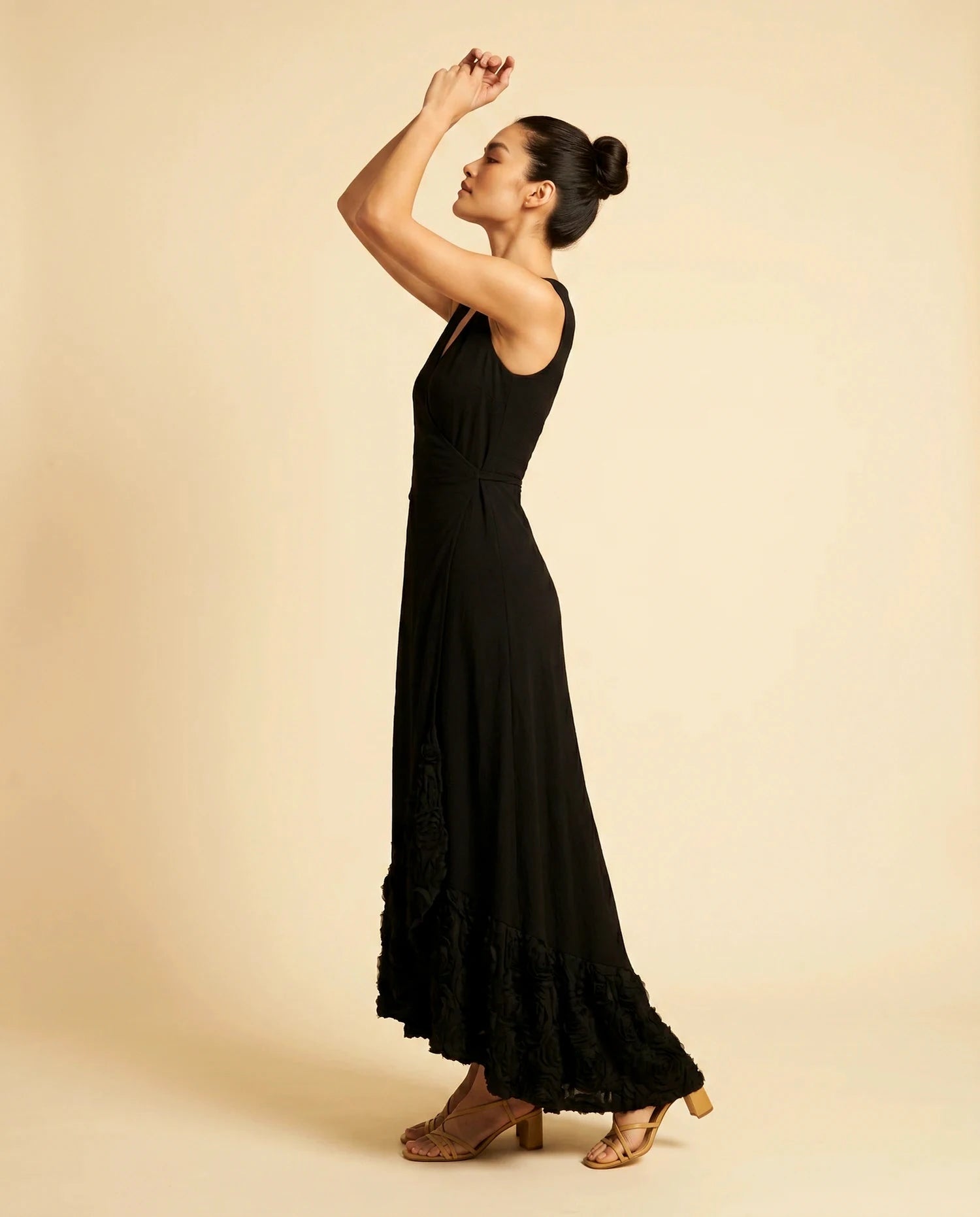 Lotus Maxi Dress – Black V Neck maxi dress, side profile silhouette by Slimona