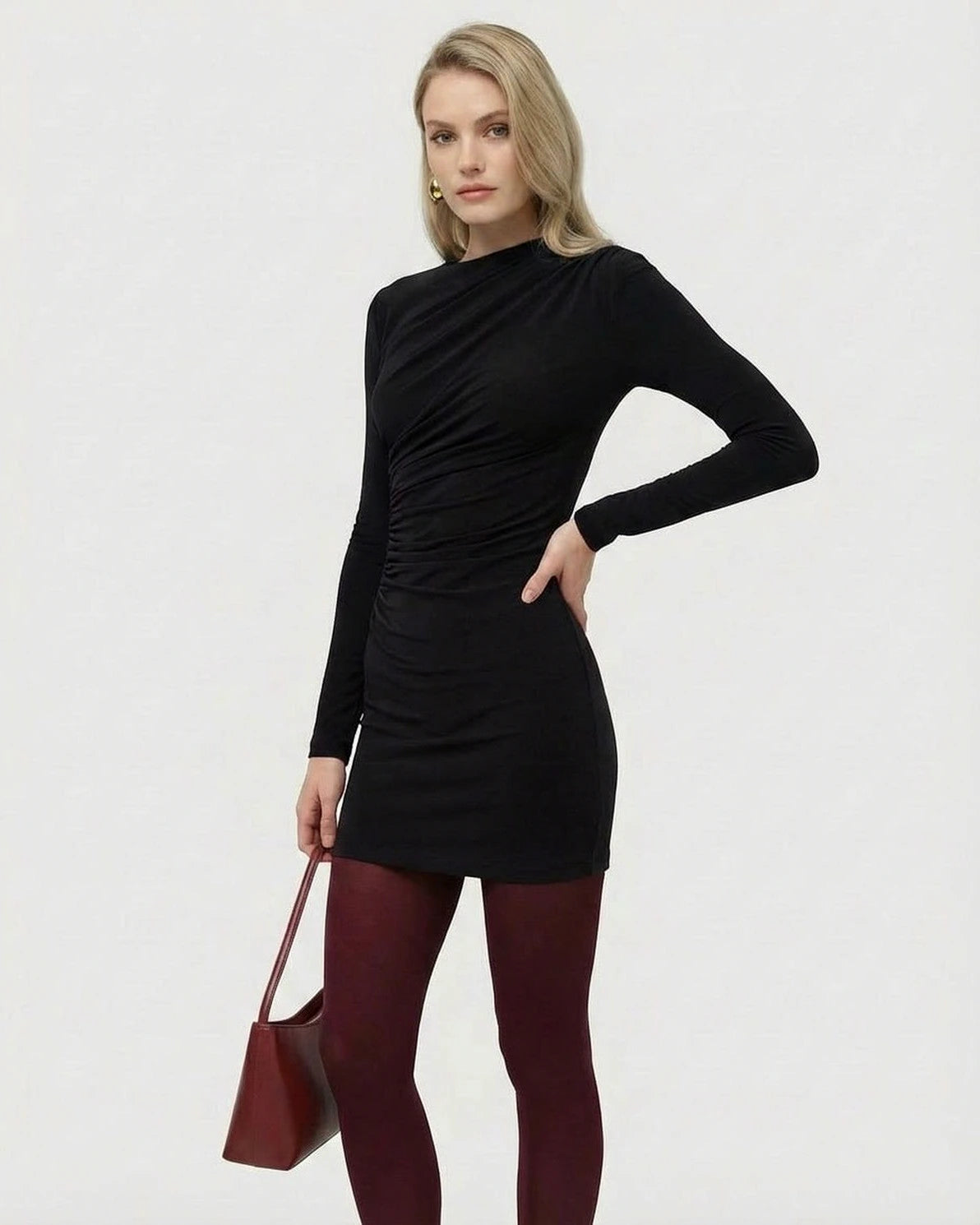 Noiré Mini Dress – Black Round Neck mini dress, detail view by Slimona