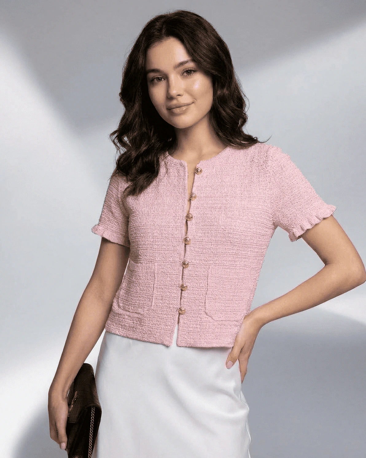 Camellia Cardigan – Camel Satin cardigan, detail view by Slimona