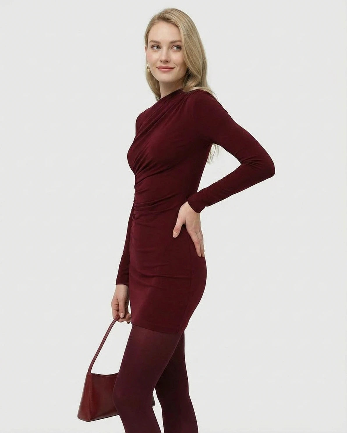 Bordeaux Mini Dress – Wine Round Neck mini dress, detail view by Slimona