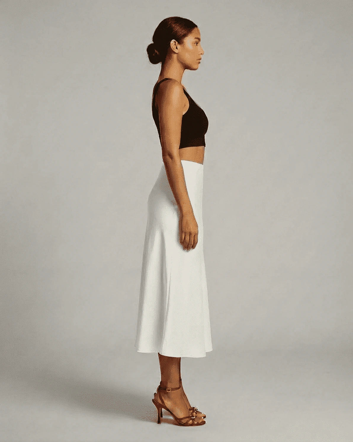 Luna Midi Skirt – White Satin midi skirt, detail view by Slimona