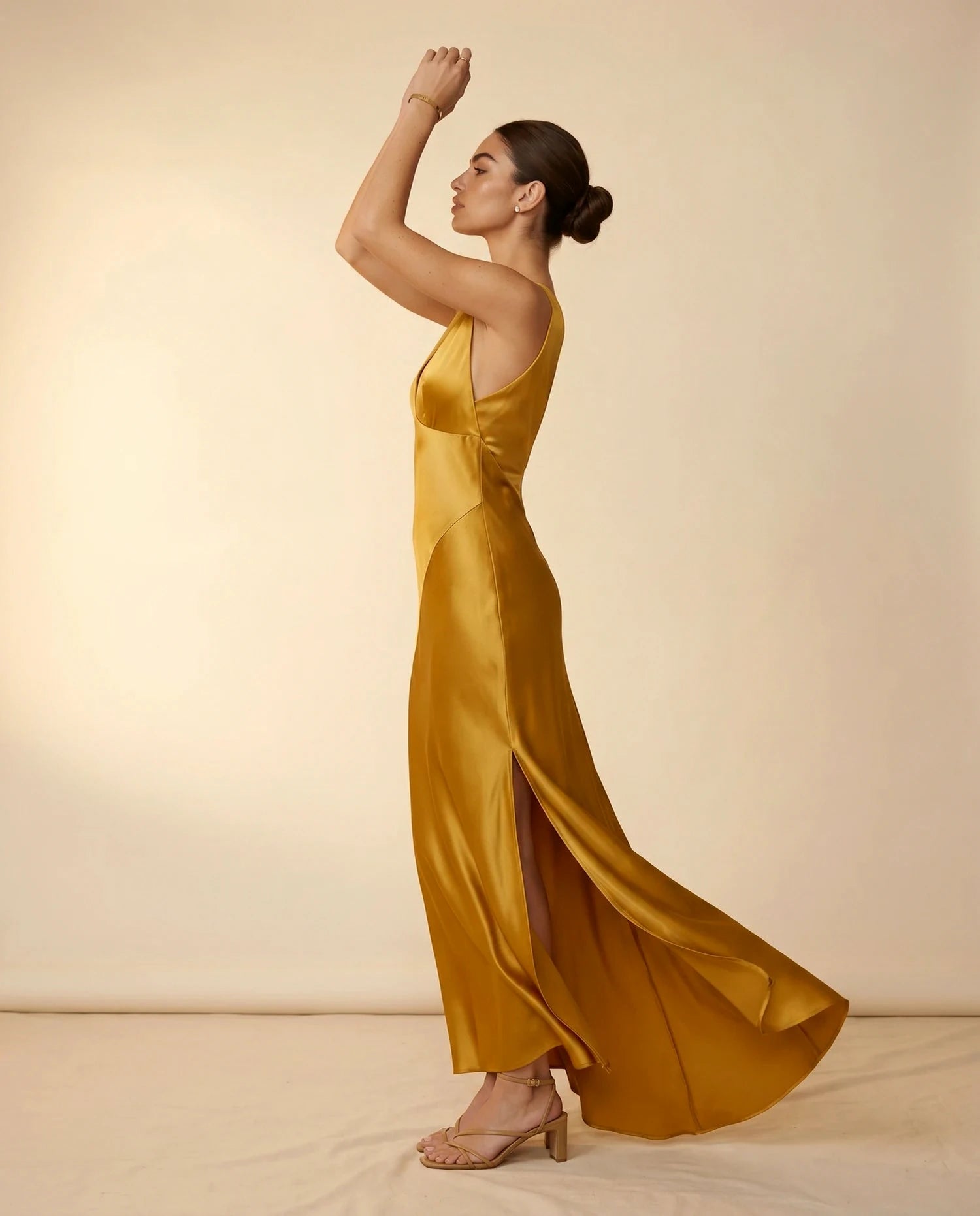 Aurelia Maxi Dress – Black Satin V Neck maxi dress, side profile silhouette by Slimona